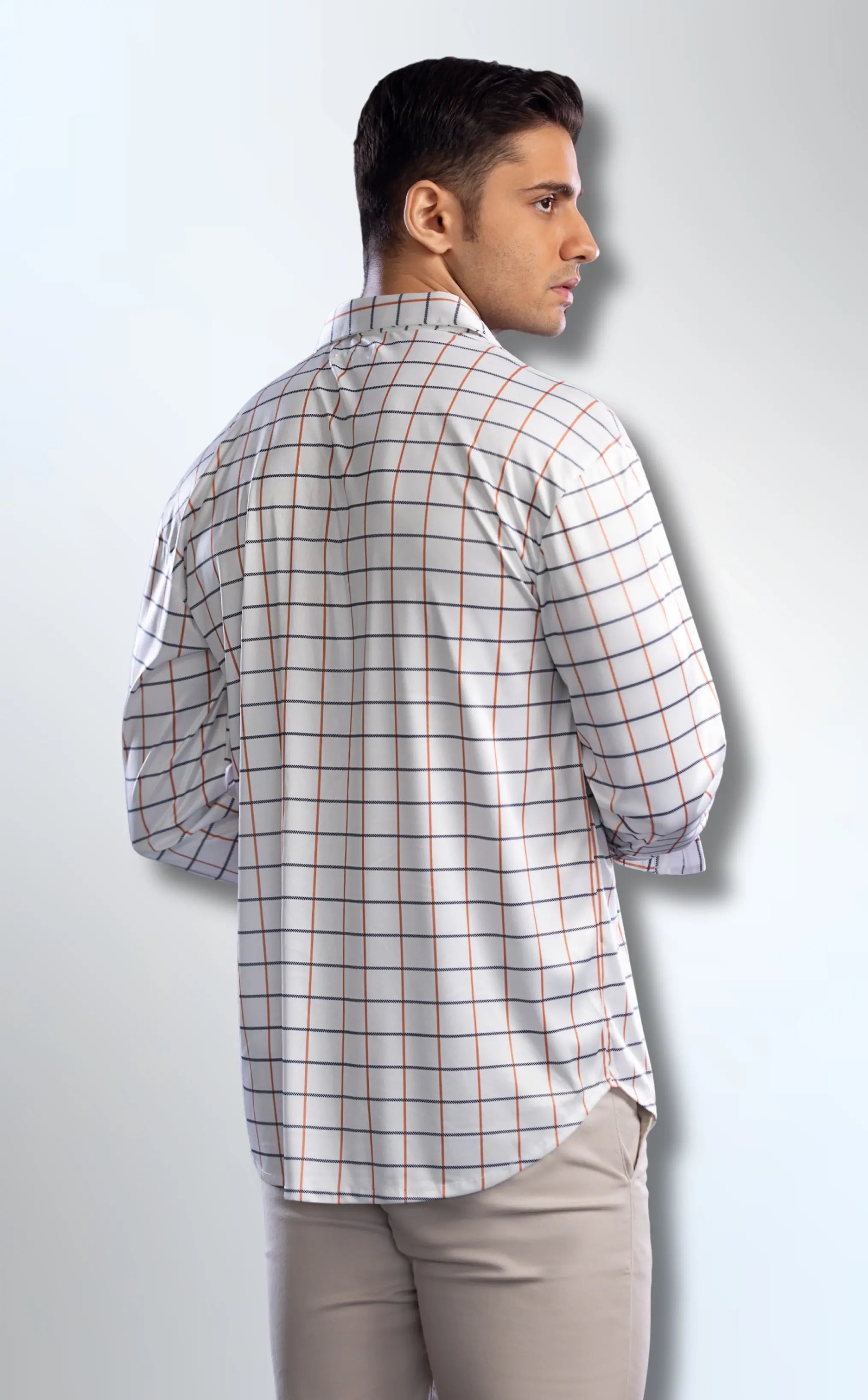 Dressy Shirt Semi-Spread Collar White with Blue and Orange Grid
