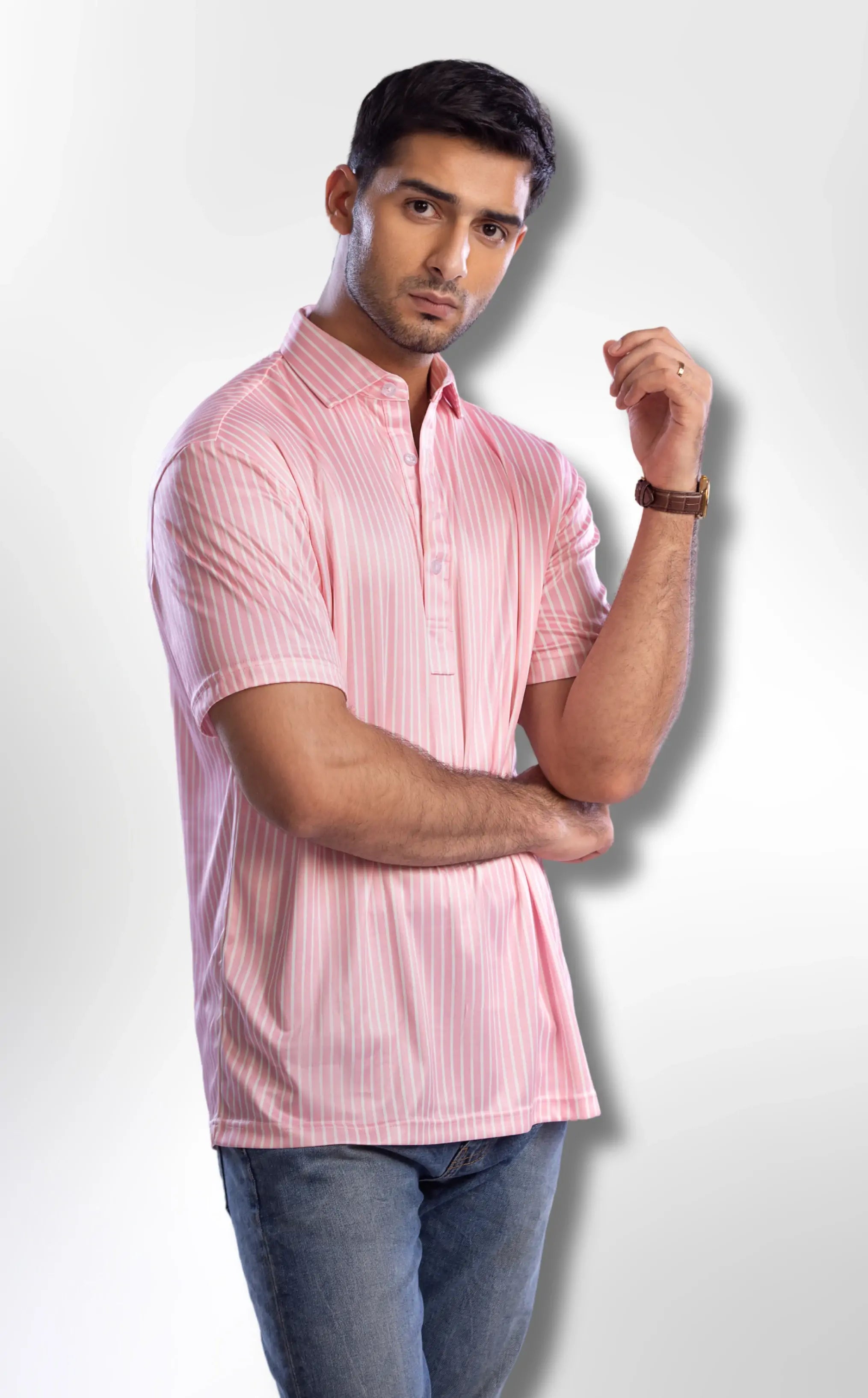 Semi-Spread Collar Rising Pink with White Stripe