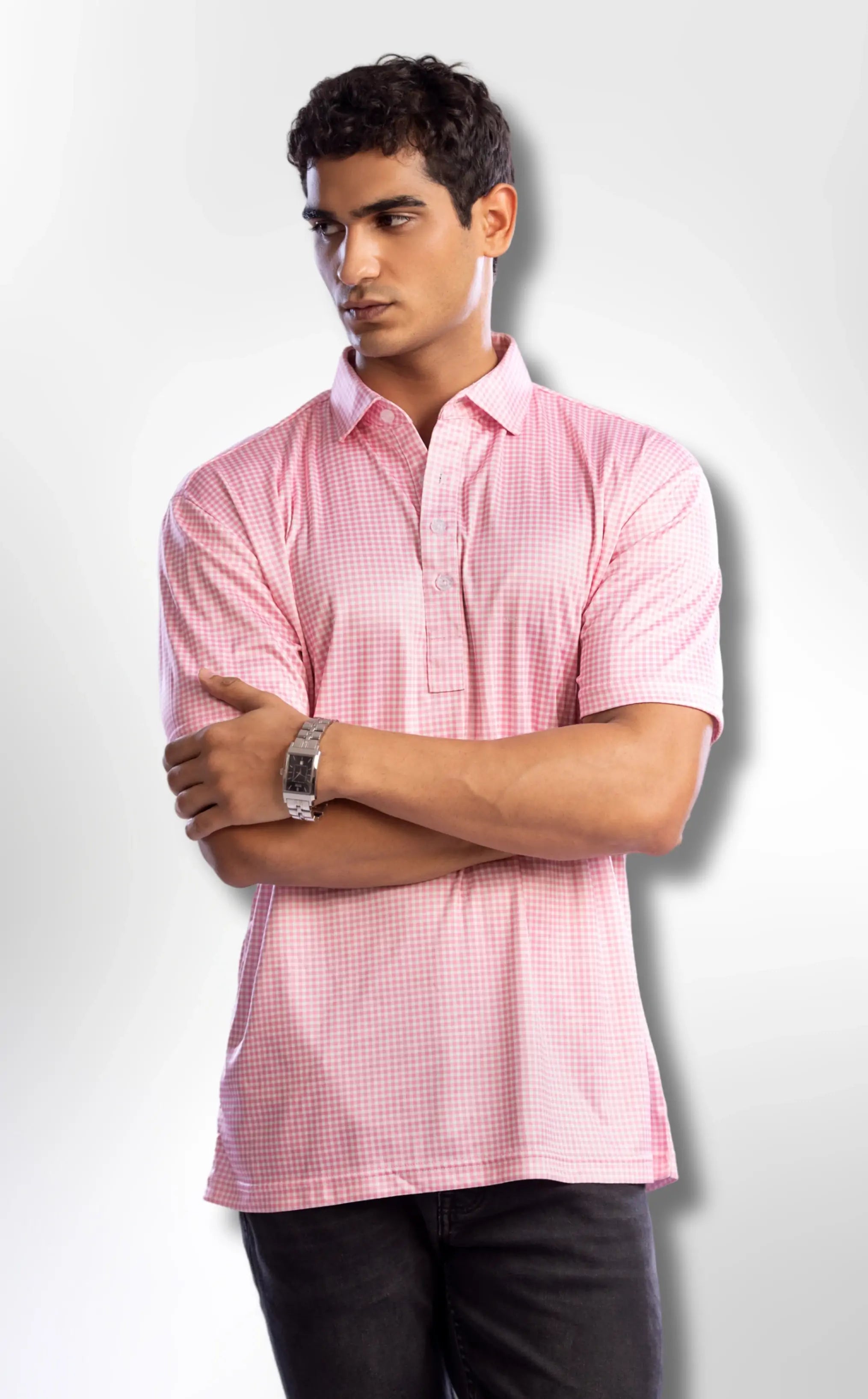 Dressy Polo: Semi-Spread Collar Pink Gingham