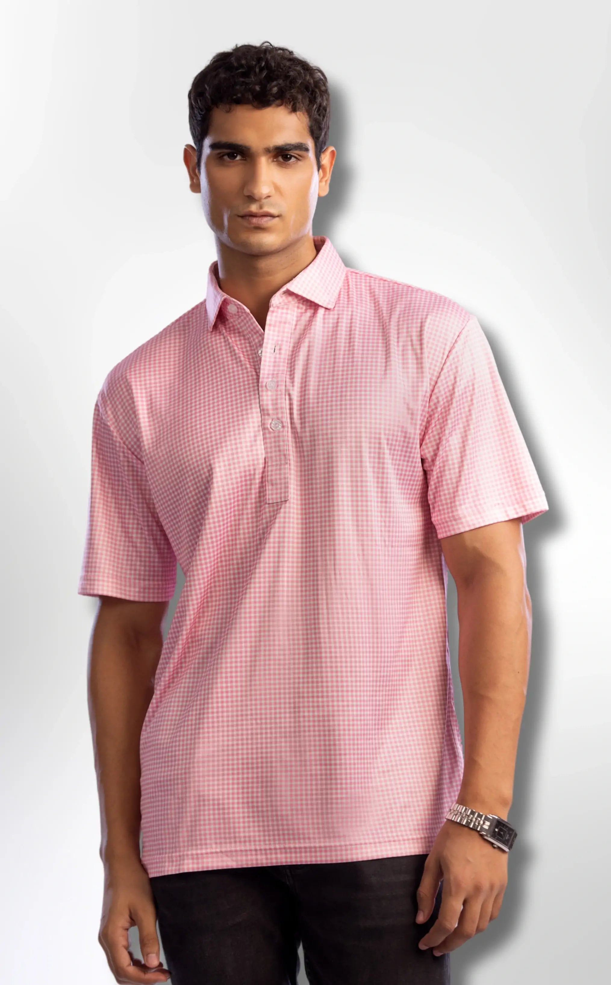 Dressy Polo: Semi-Spread Collar Pink Gingham