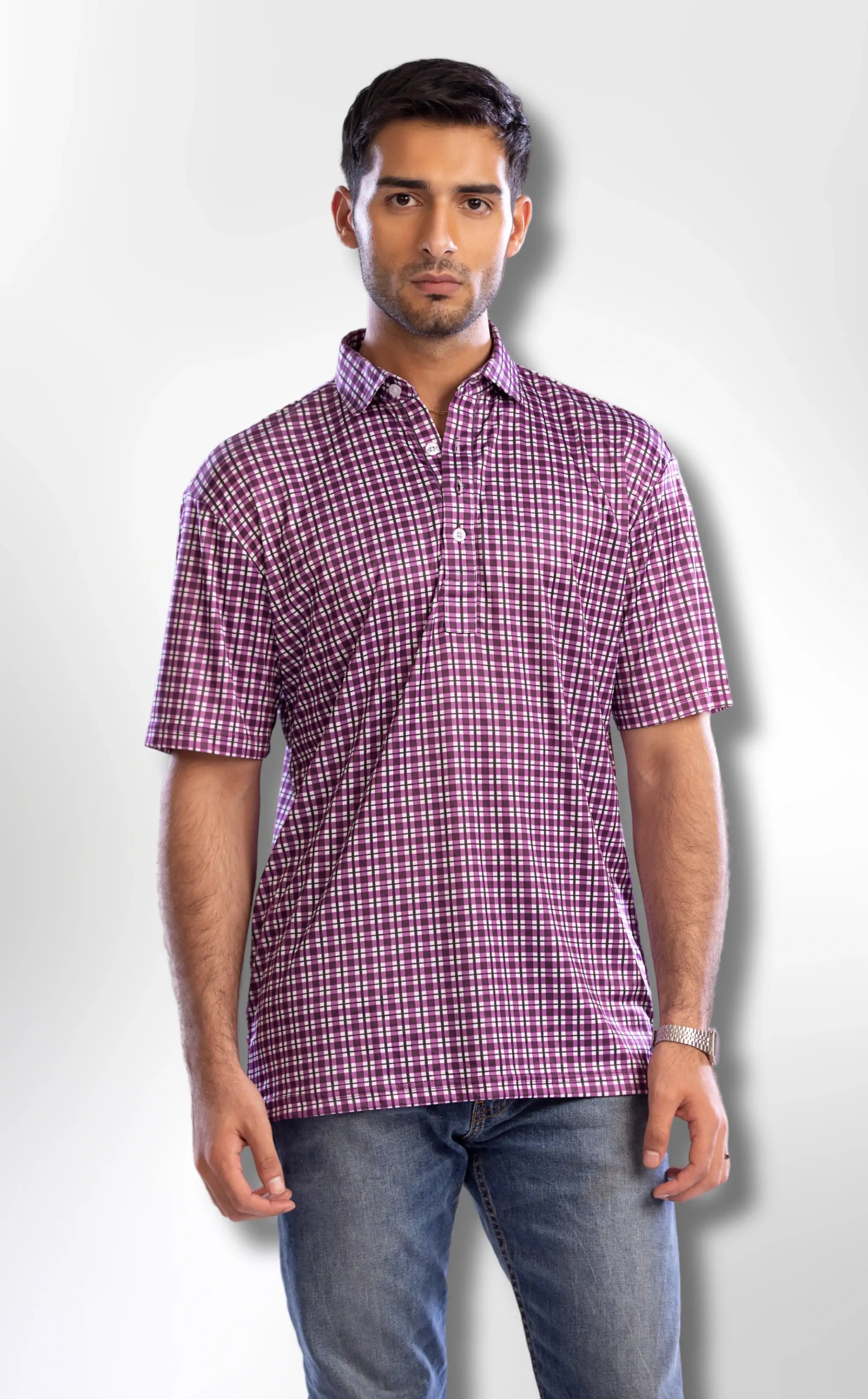 Semi-Spread Collar in Shaded Purple Tattersall