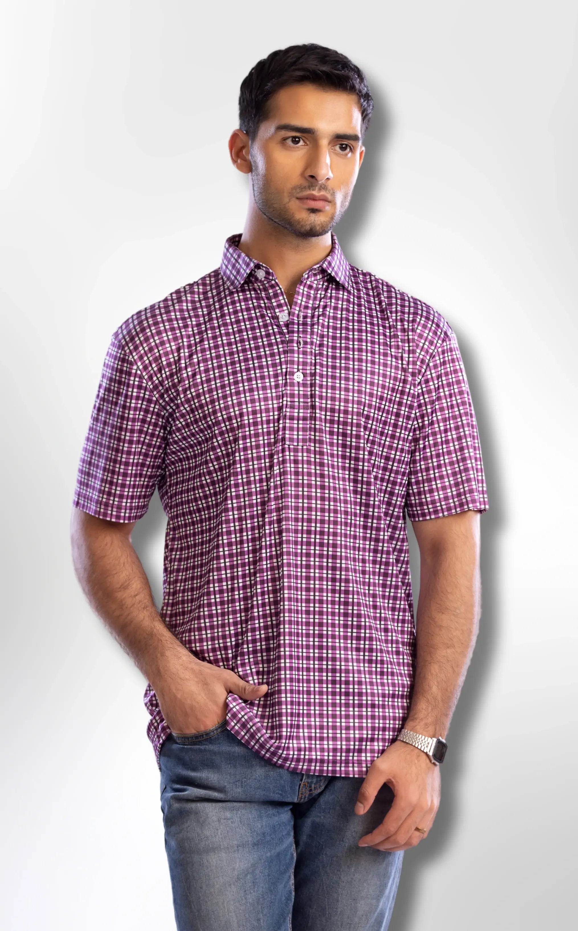 Semi-Spread Collar in Shaded Purple Tattersall