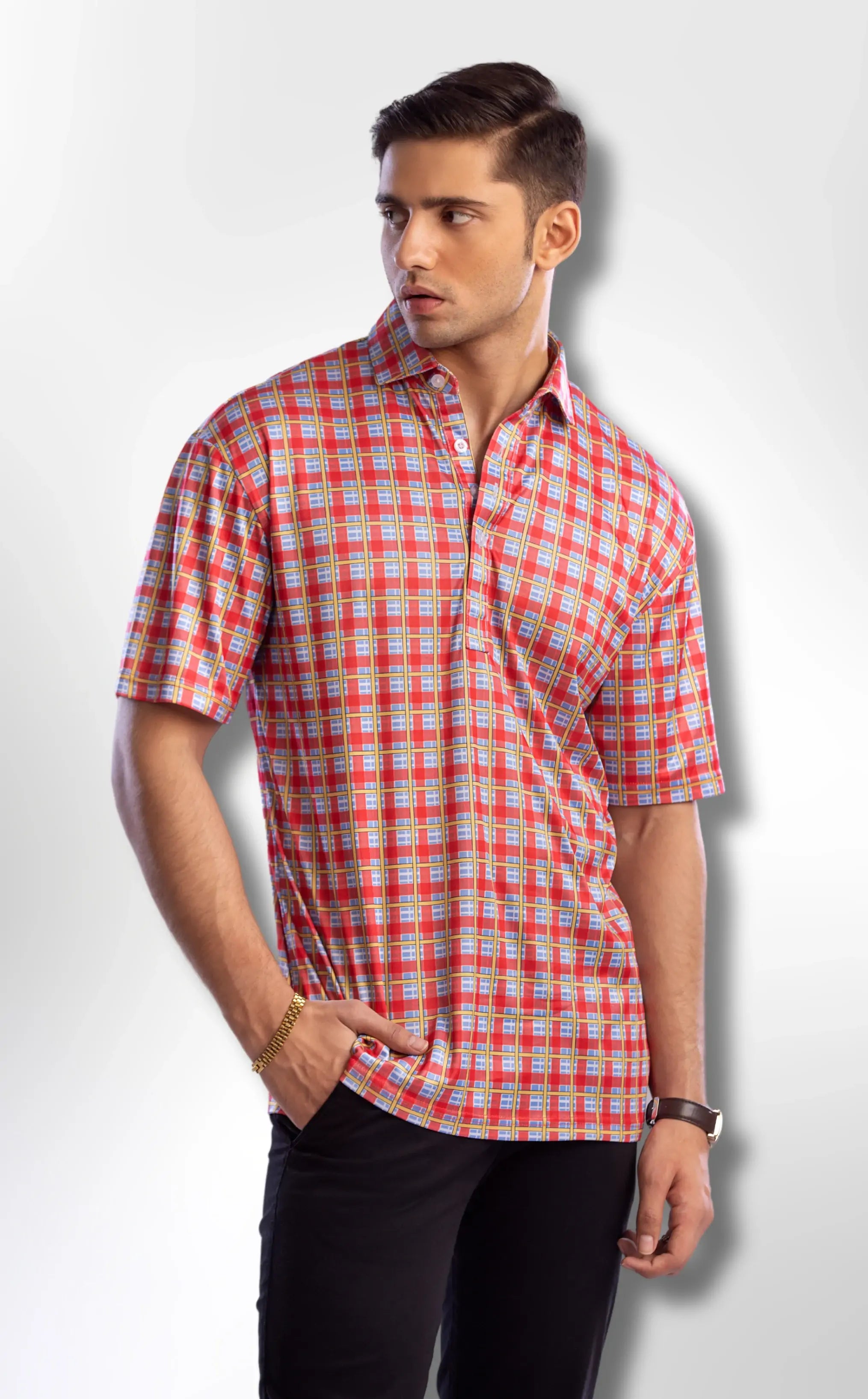 Semi-Spread Collar Red and Sky Blue Grid Check