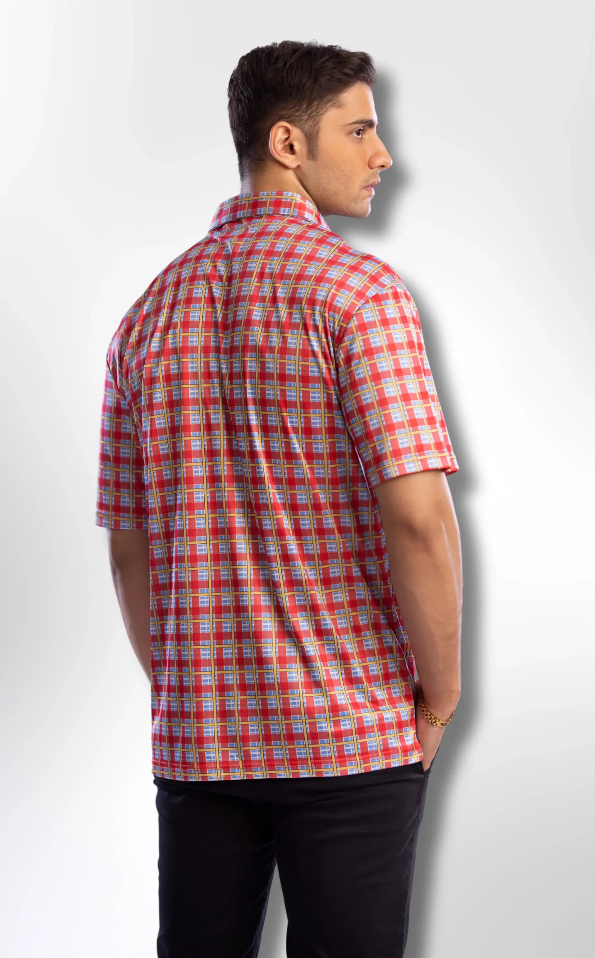 Dressy Polo: Semi-Spread Collar Red and Sky Blue Grid Check