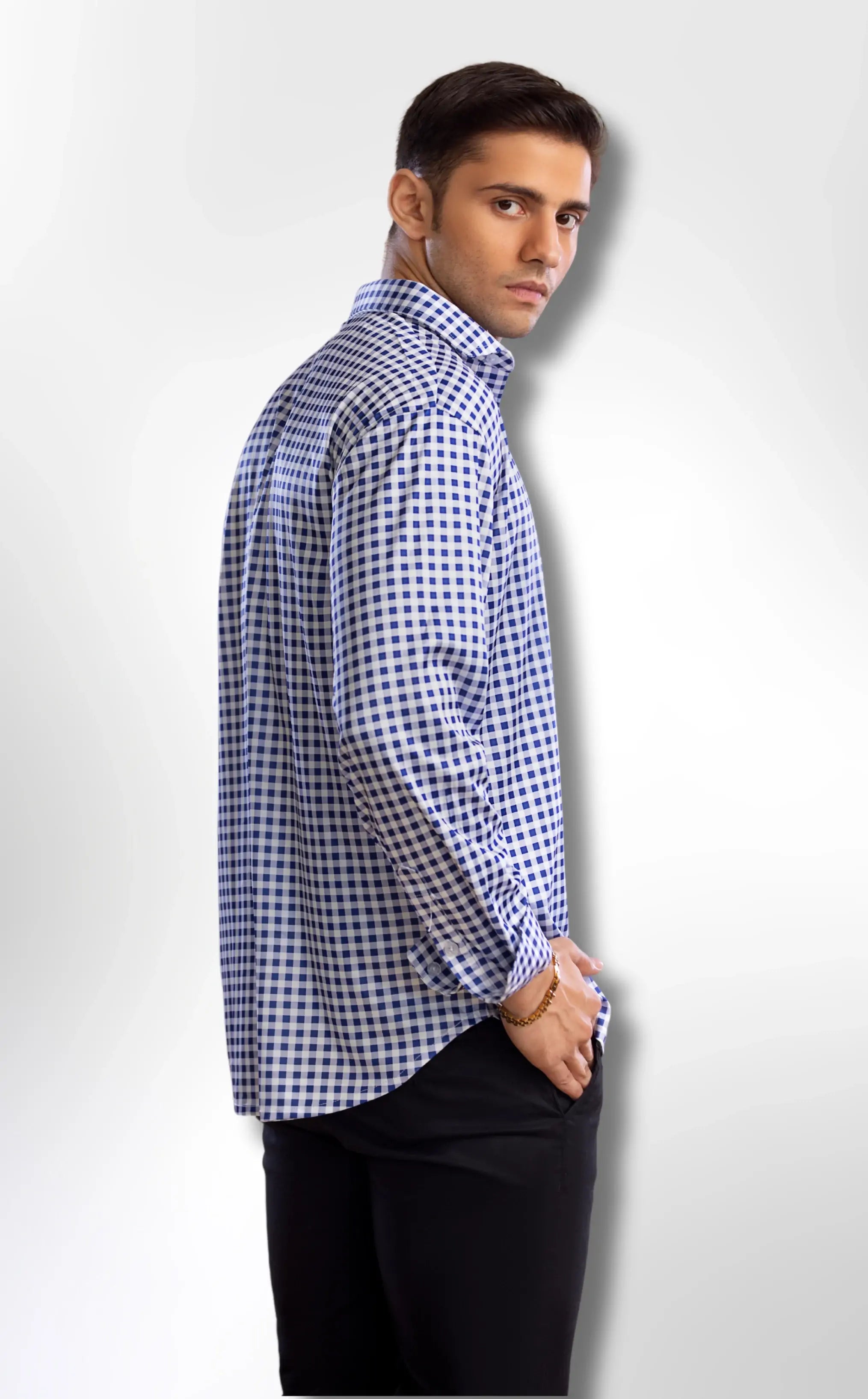 Semi-Spread Collar Navy and White Gingham