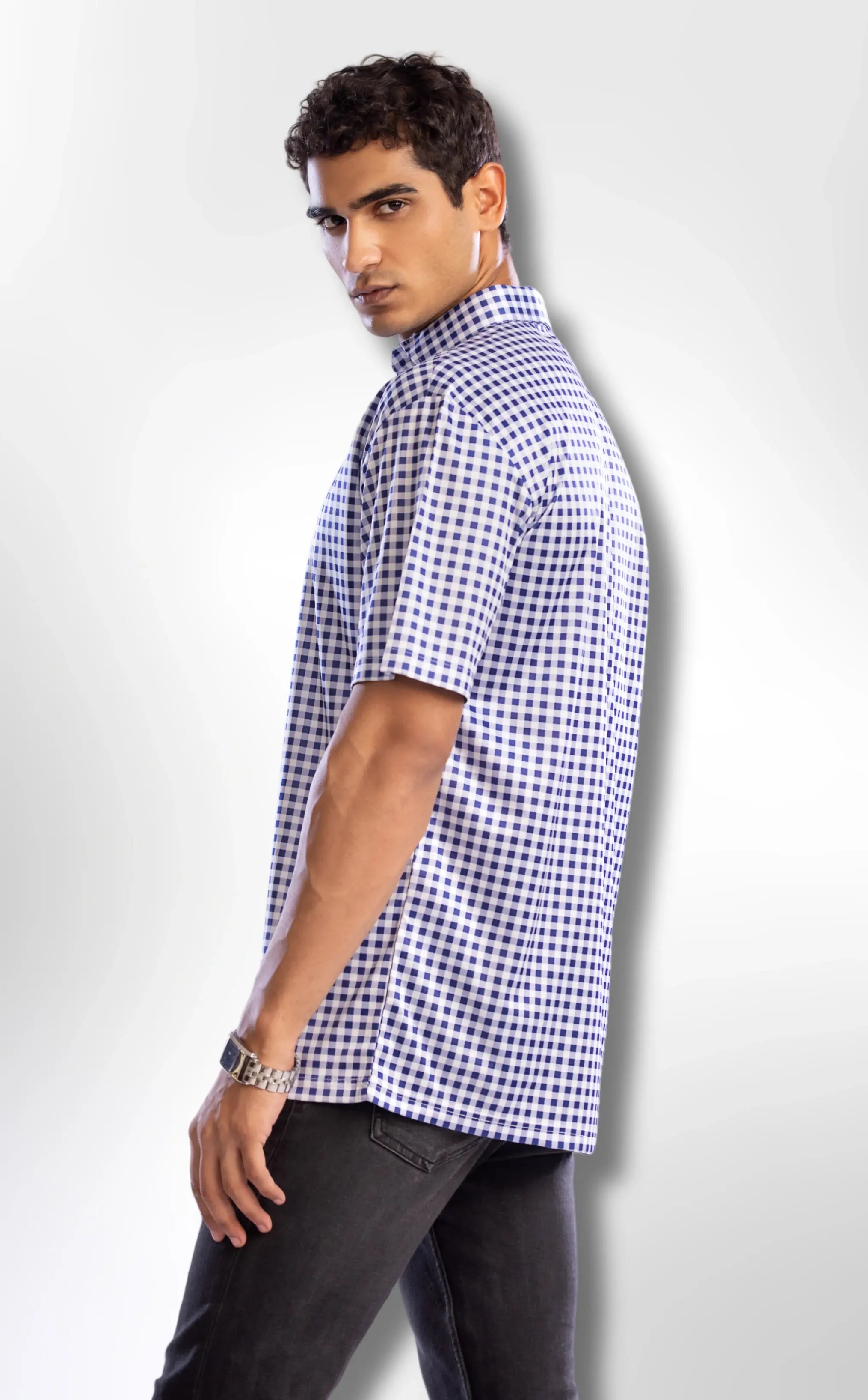 Semi-Spread Collar Navy and White Gingham Shirt