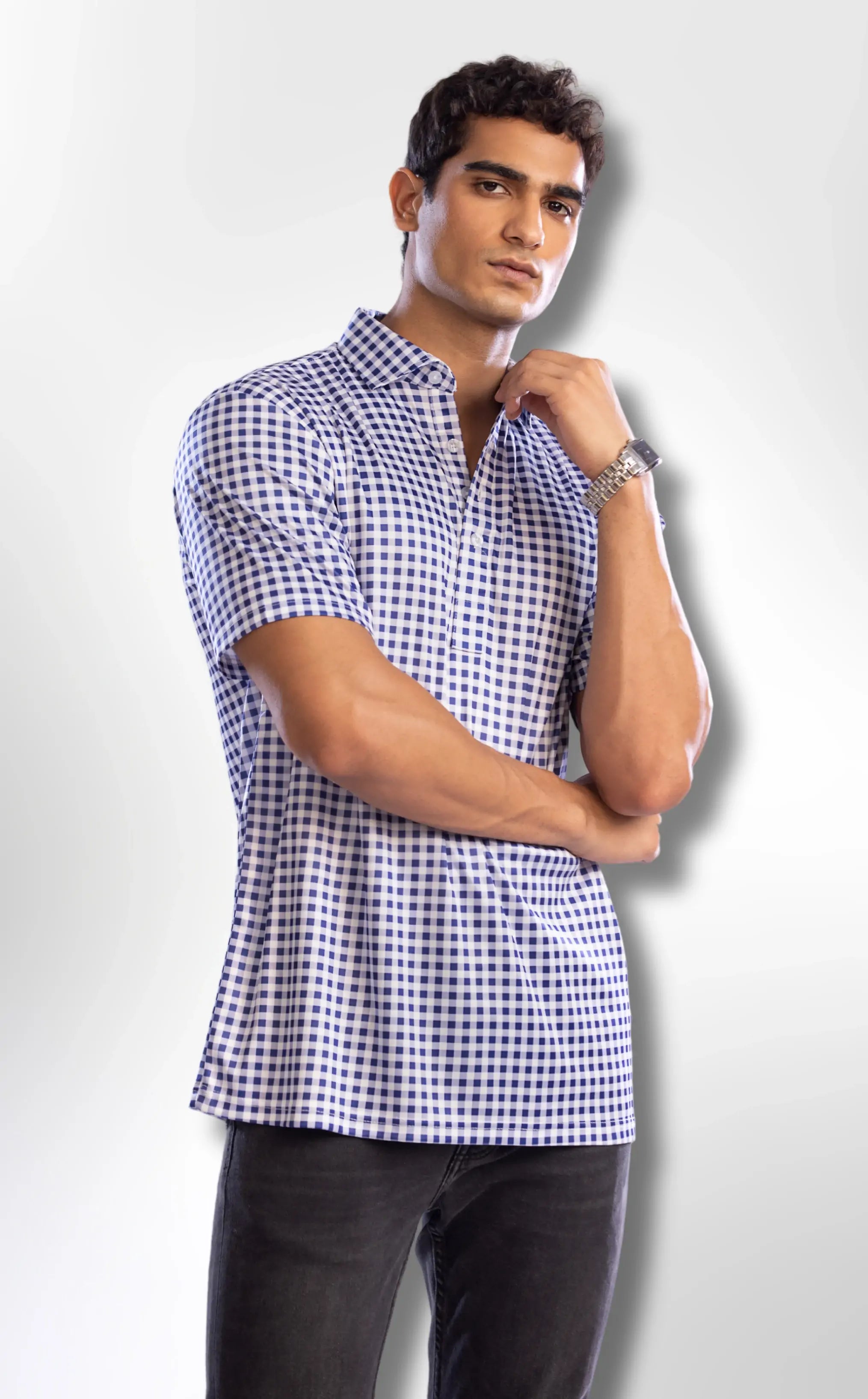 Semi-Spread Collar Navy and White Gingham Shirt