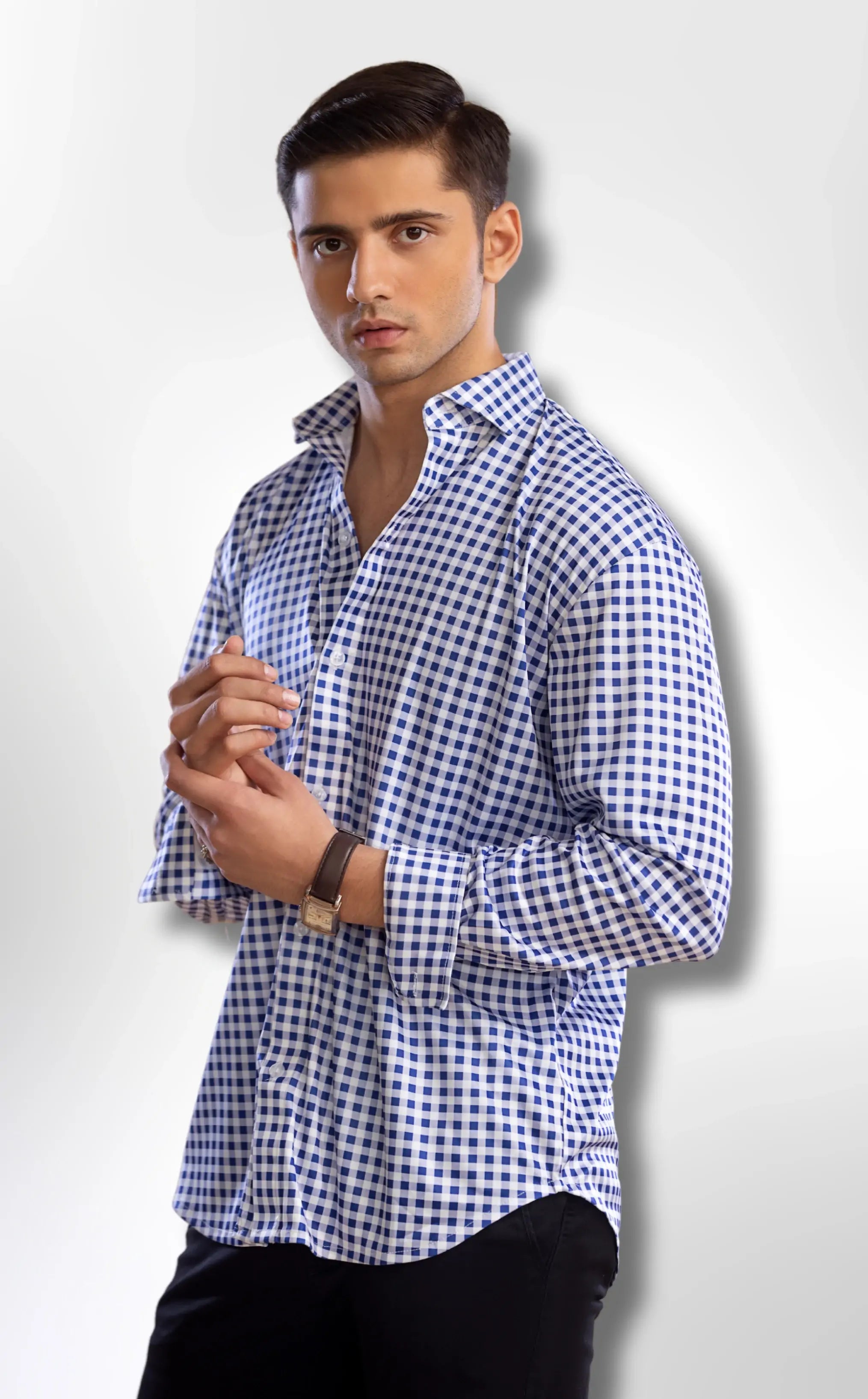 Dressy Shirt: Semi-Spread Collar Navy and White Gingham