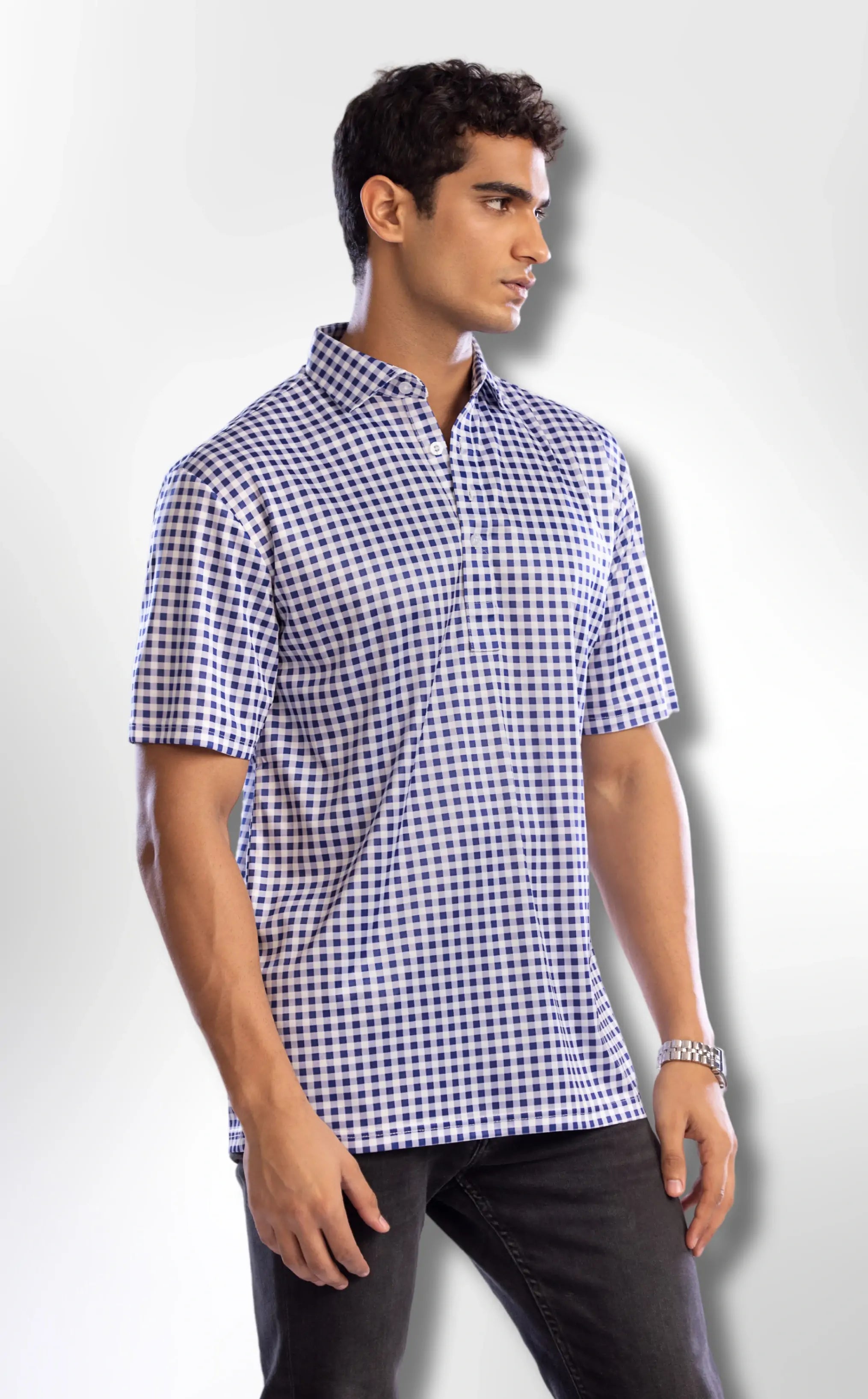 Semi-Spread Collar Navy and White Gingham Shirt