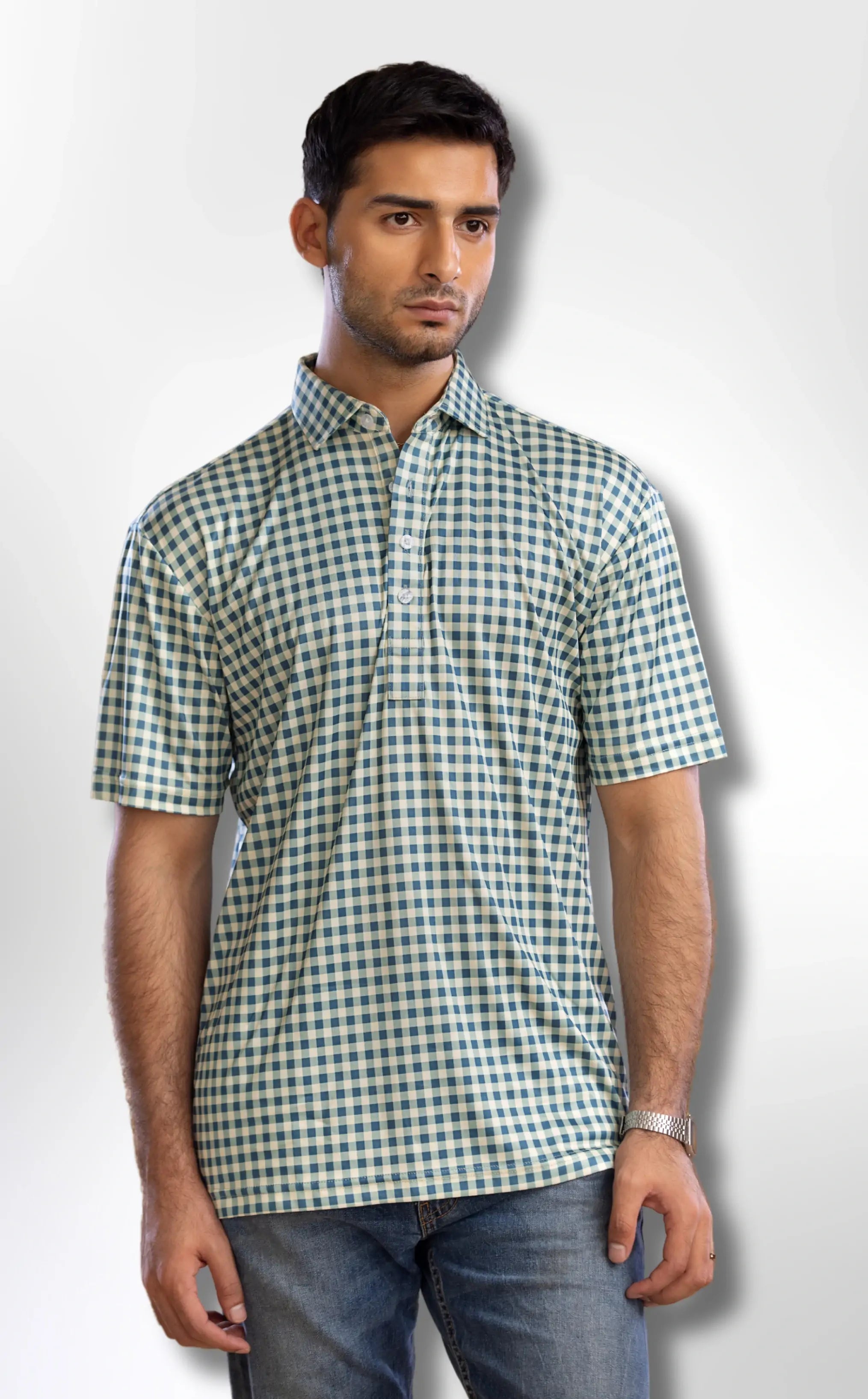 Semi-Spread Collar Green and Brown Gingham