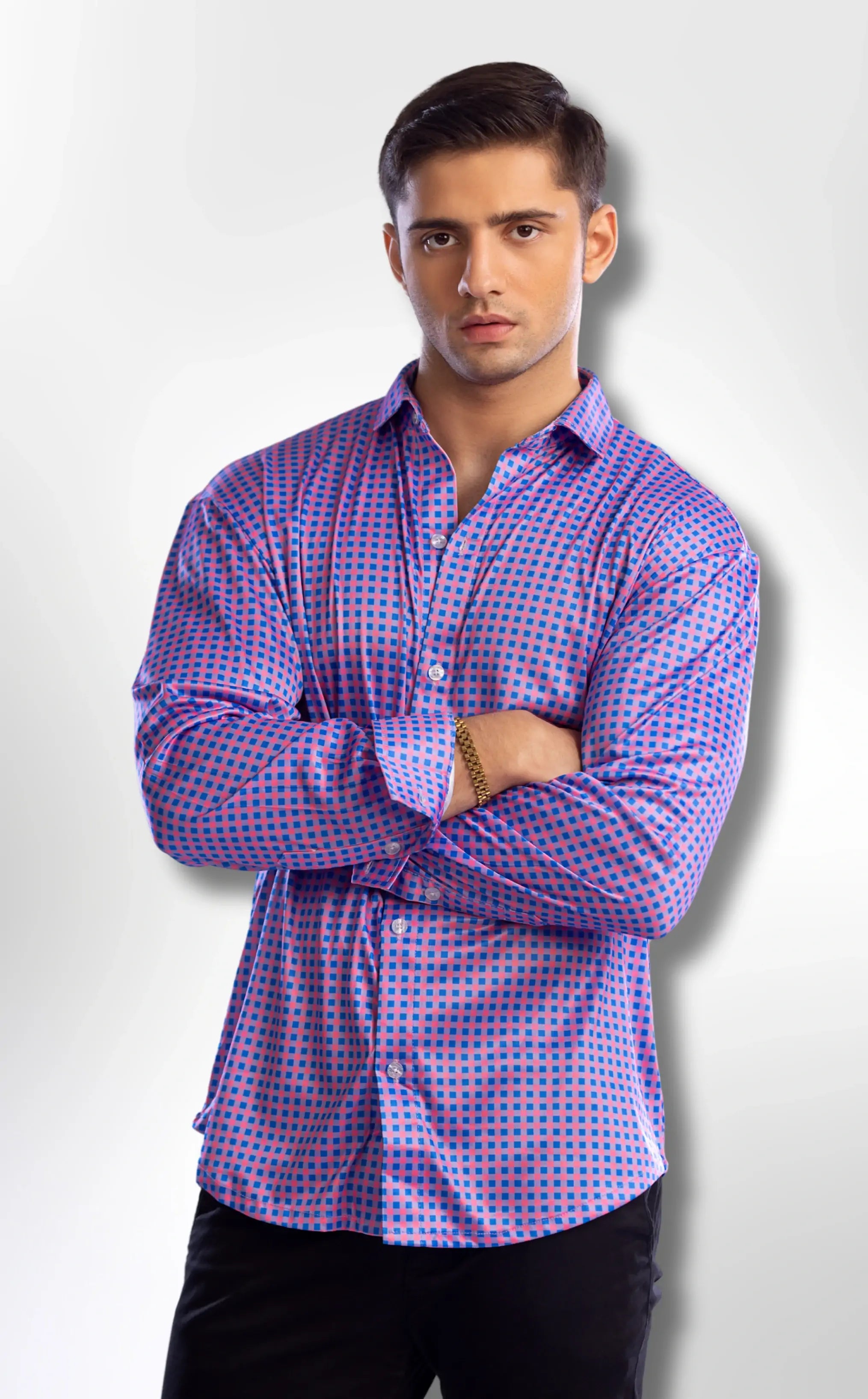 Dressy Shirt: Semi Spread Collar Country Red and Blue Gingham