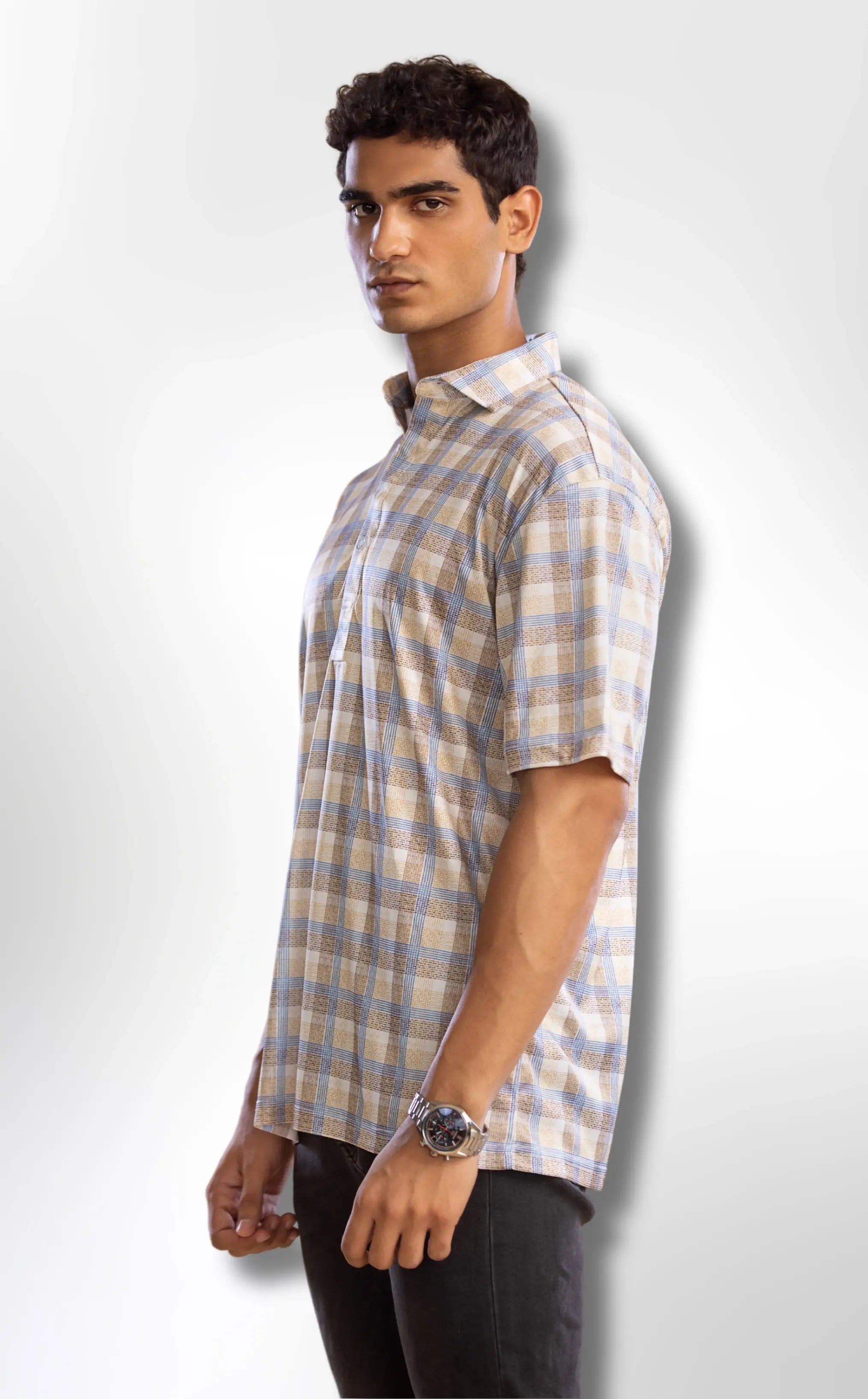 Semi-Spread Collar in Brown with Blue Stripe Grid