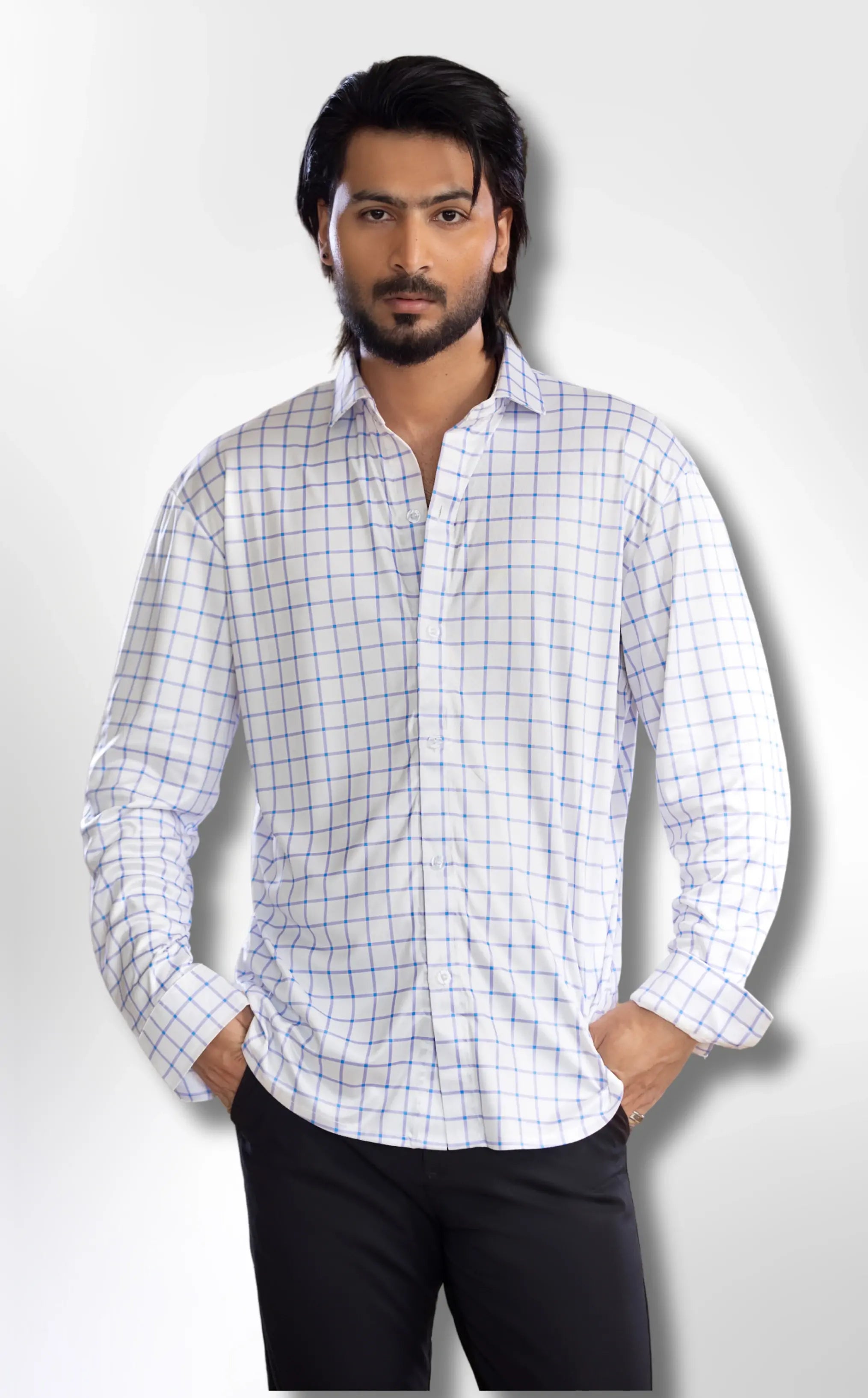 Dressy Shirt Semi-Spread Collar Bold With Blue Grid Check