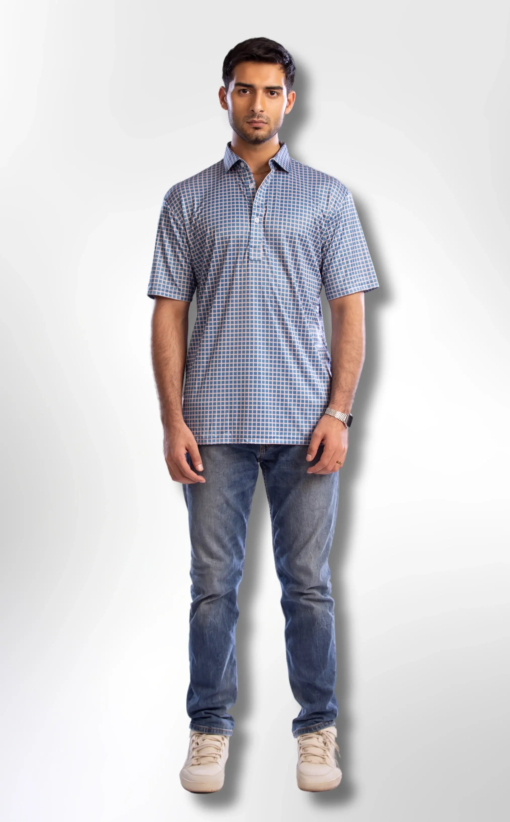 Semi-Spread Collar Blue with White Grid Check