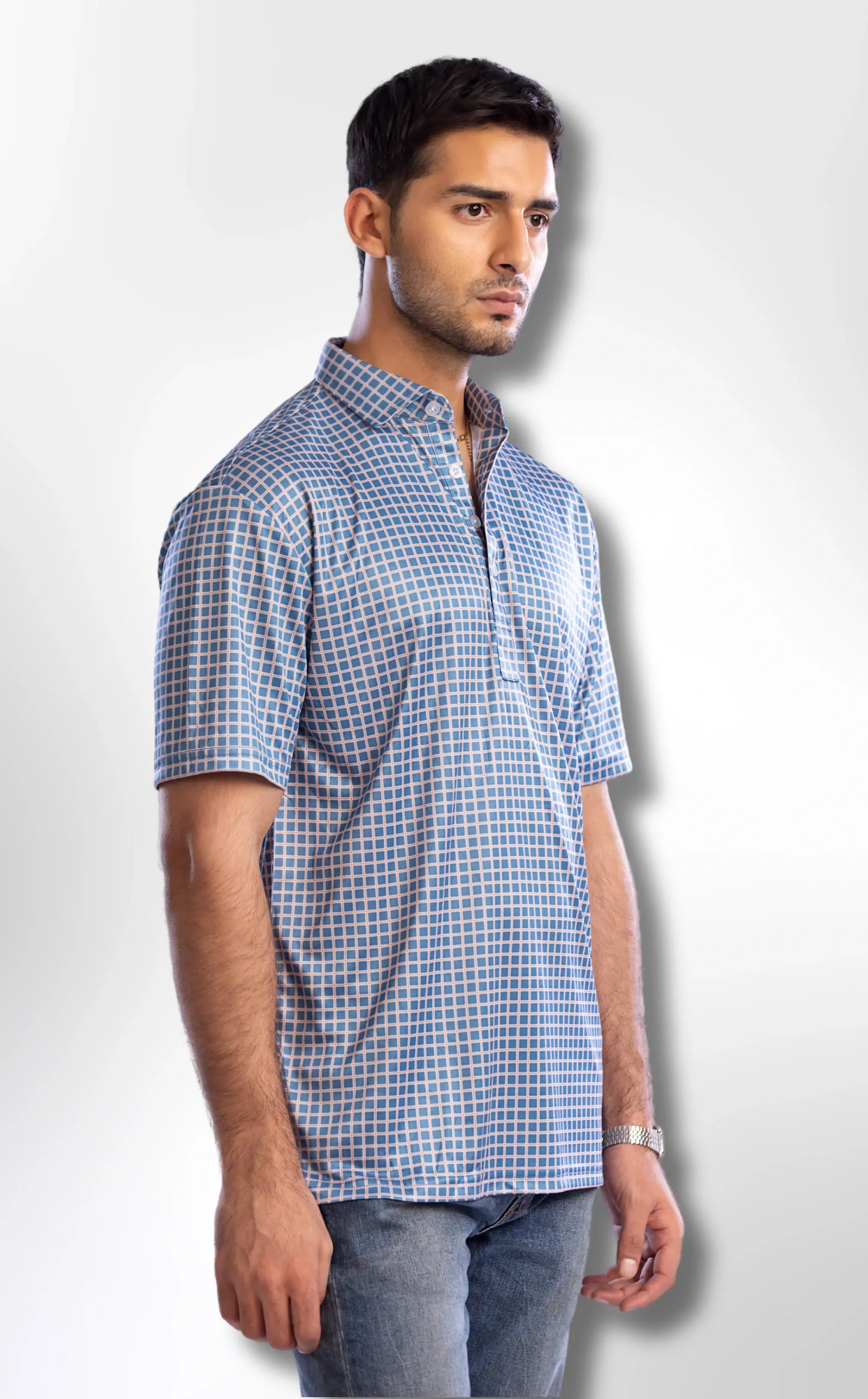 Semi-Spread Collar Blue with White Grid Check