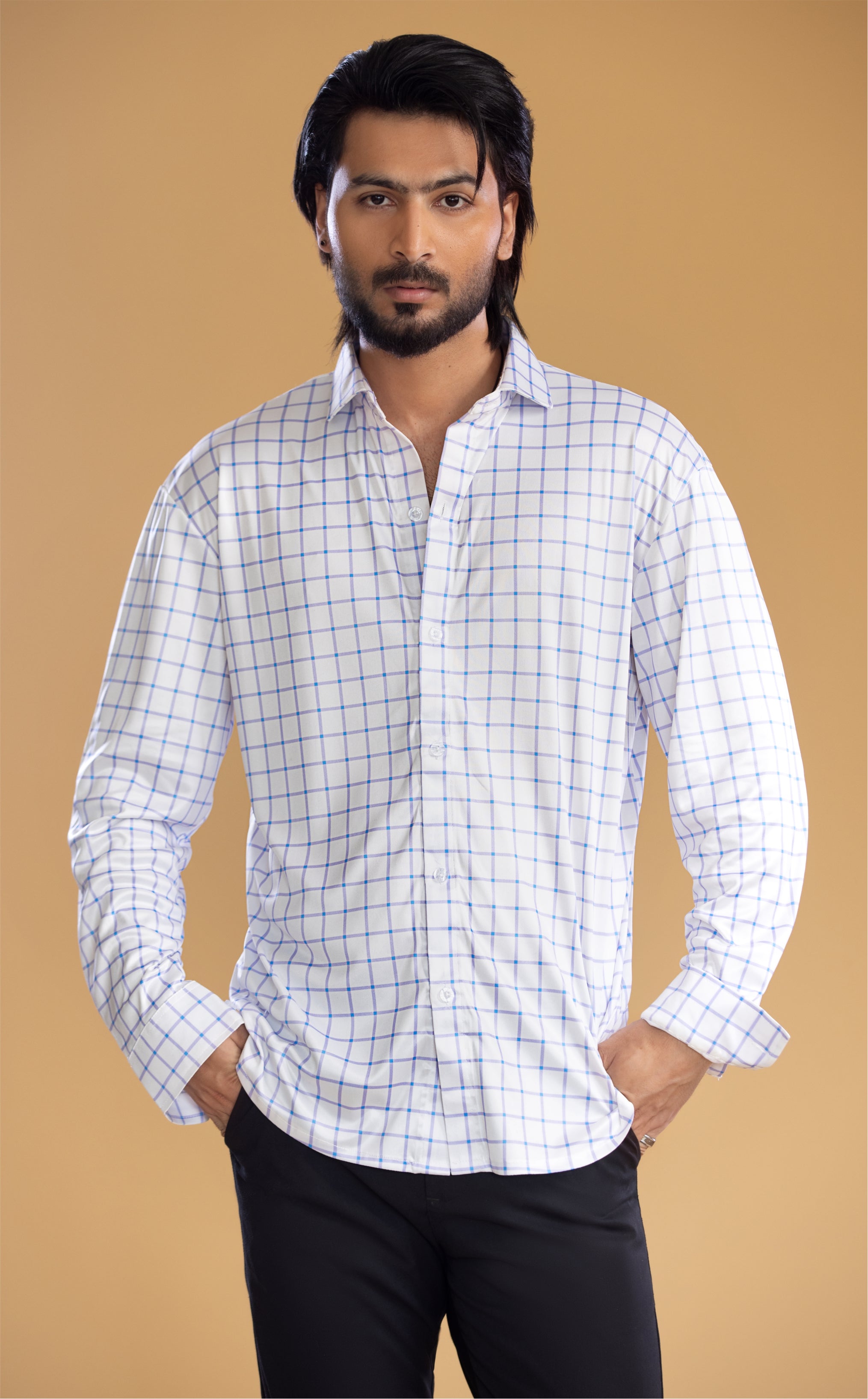 Dressy Shirt Semi-Spread Collar Bold Blue Grid Check