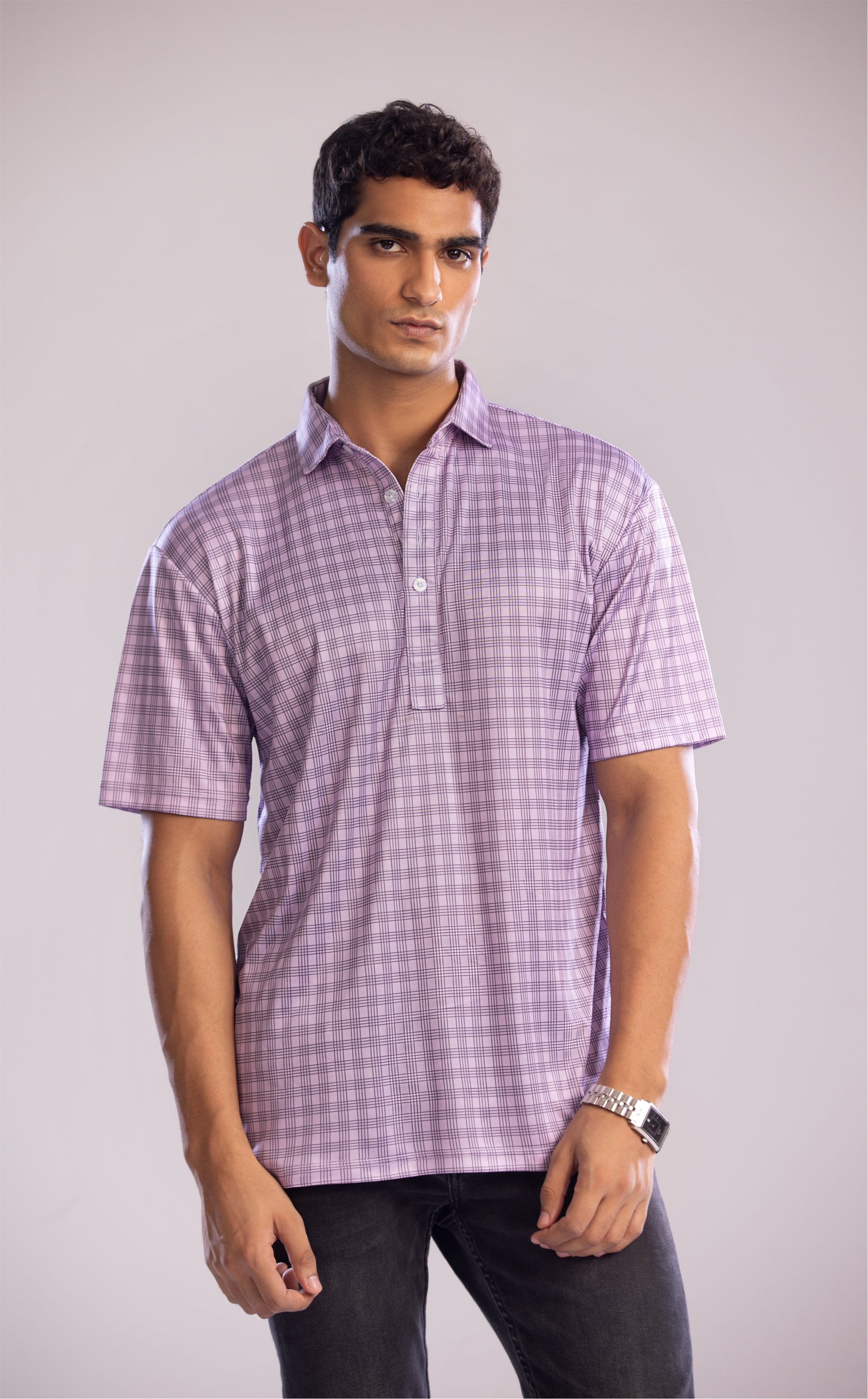 Dressy Polo Lavender and Blue Three Stripe Grid