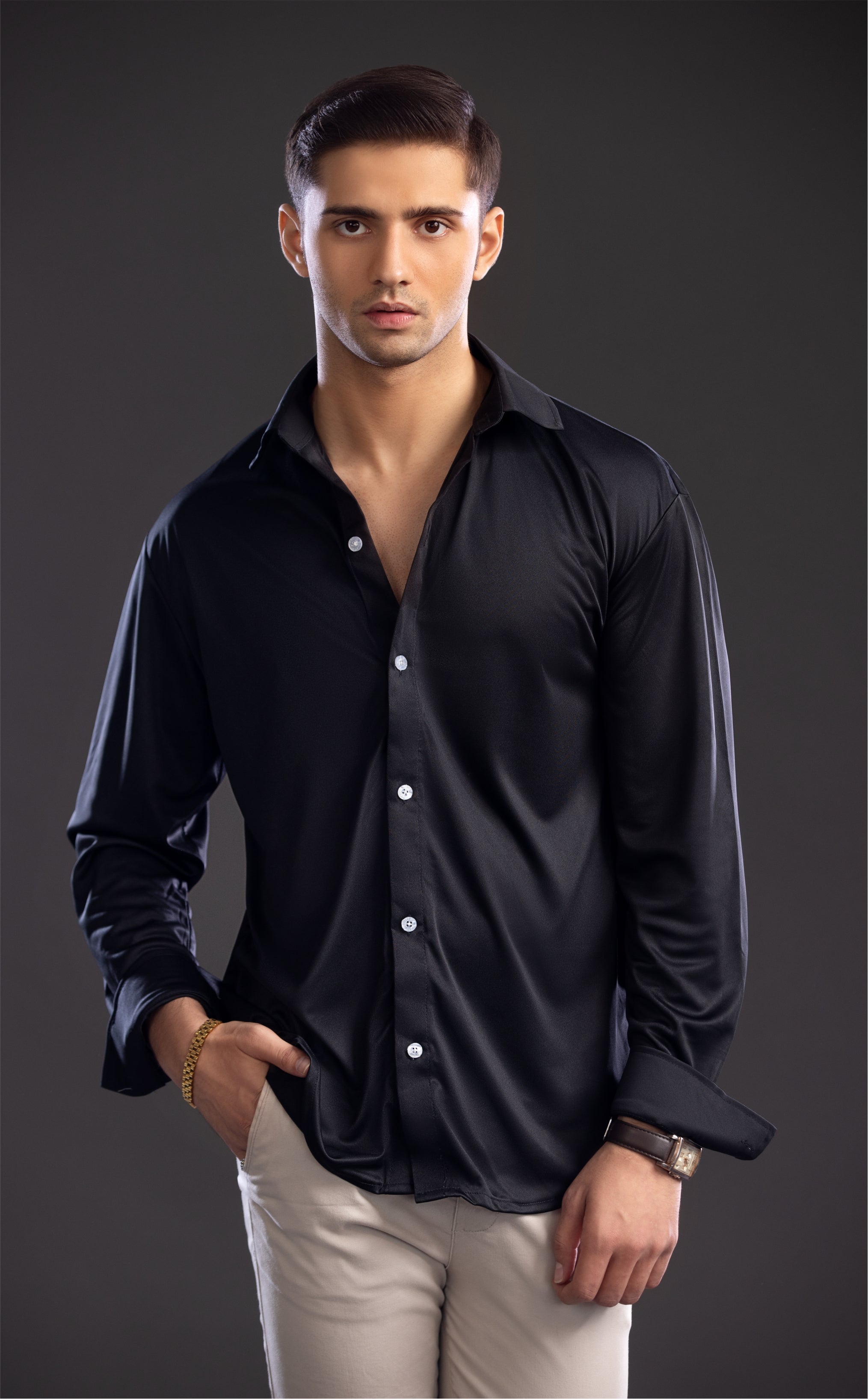 Dressy Shirt Semi-Spread Collar Black