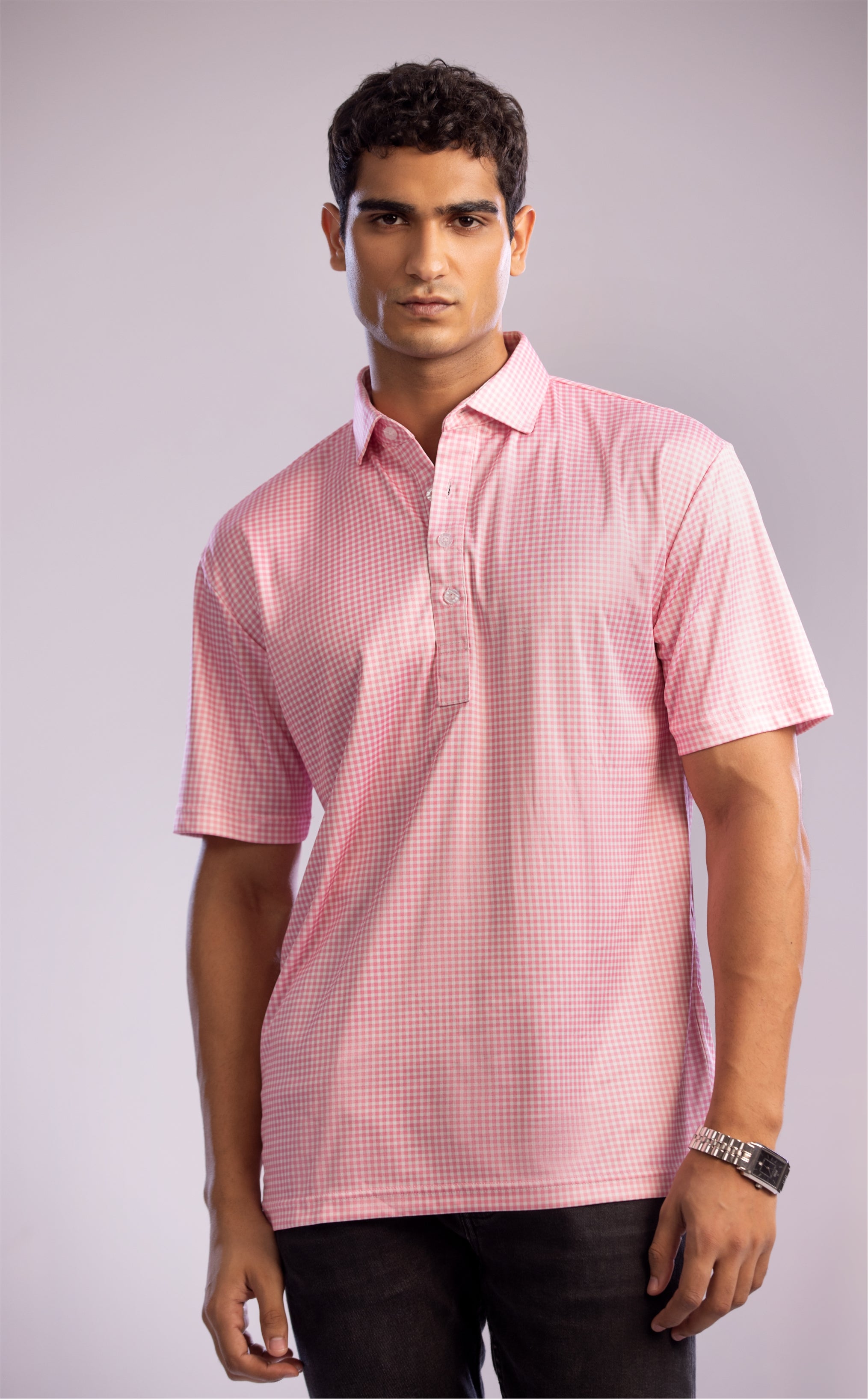 Dressy Polo Semi-Spread Collar Pink Gingham