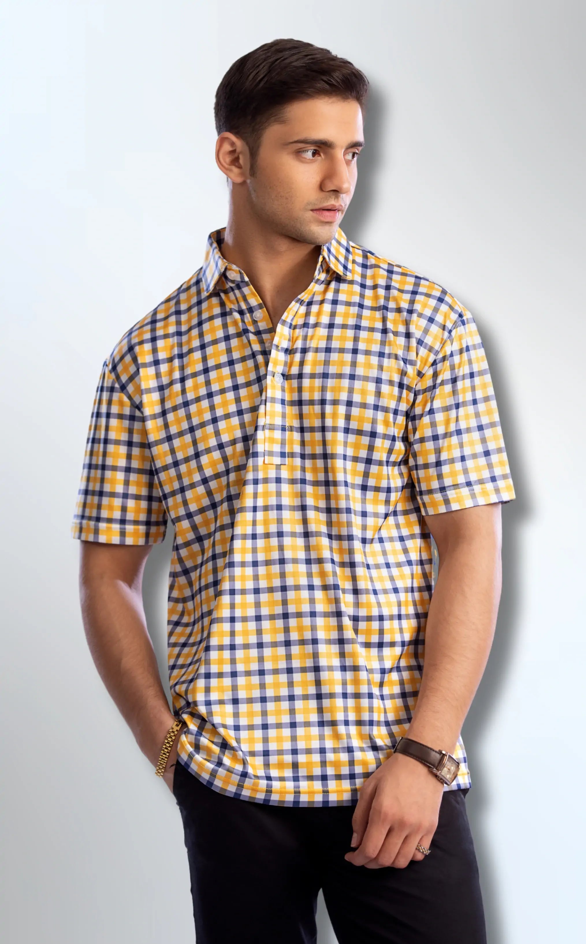 Semi-Spread Collar Yellow with Blue Grid Check