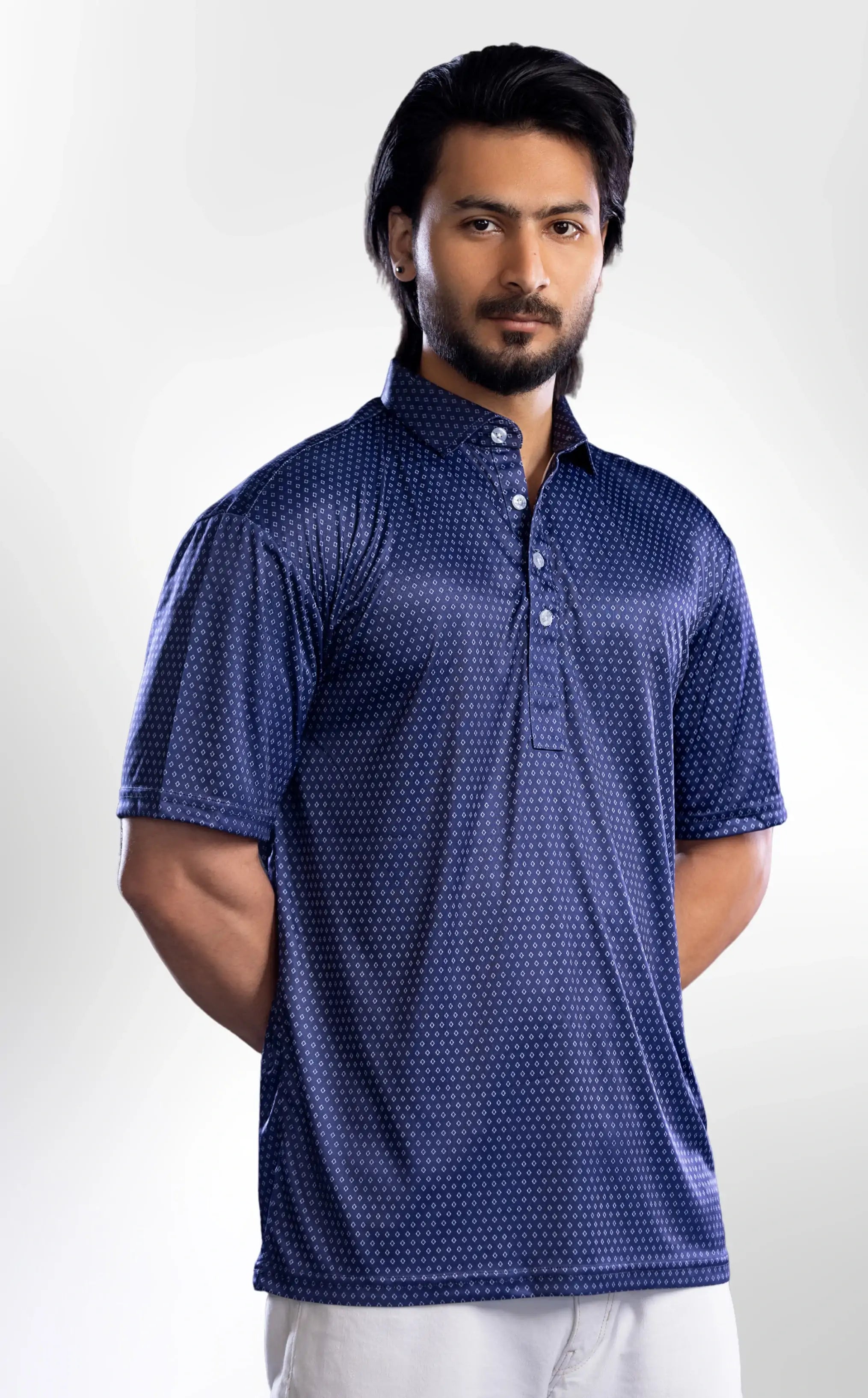 Dressy Polo: Semi-Spread Collar Navy Diamond