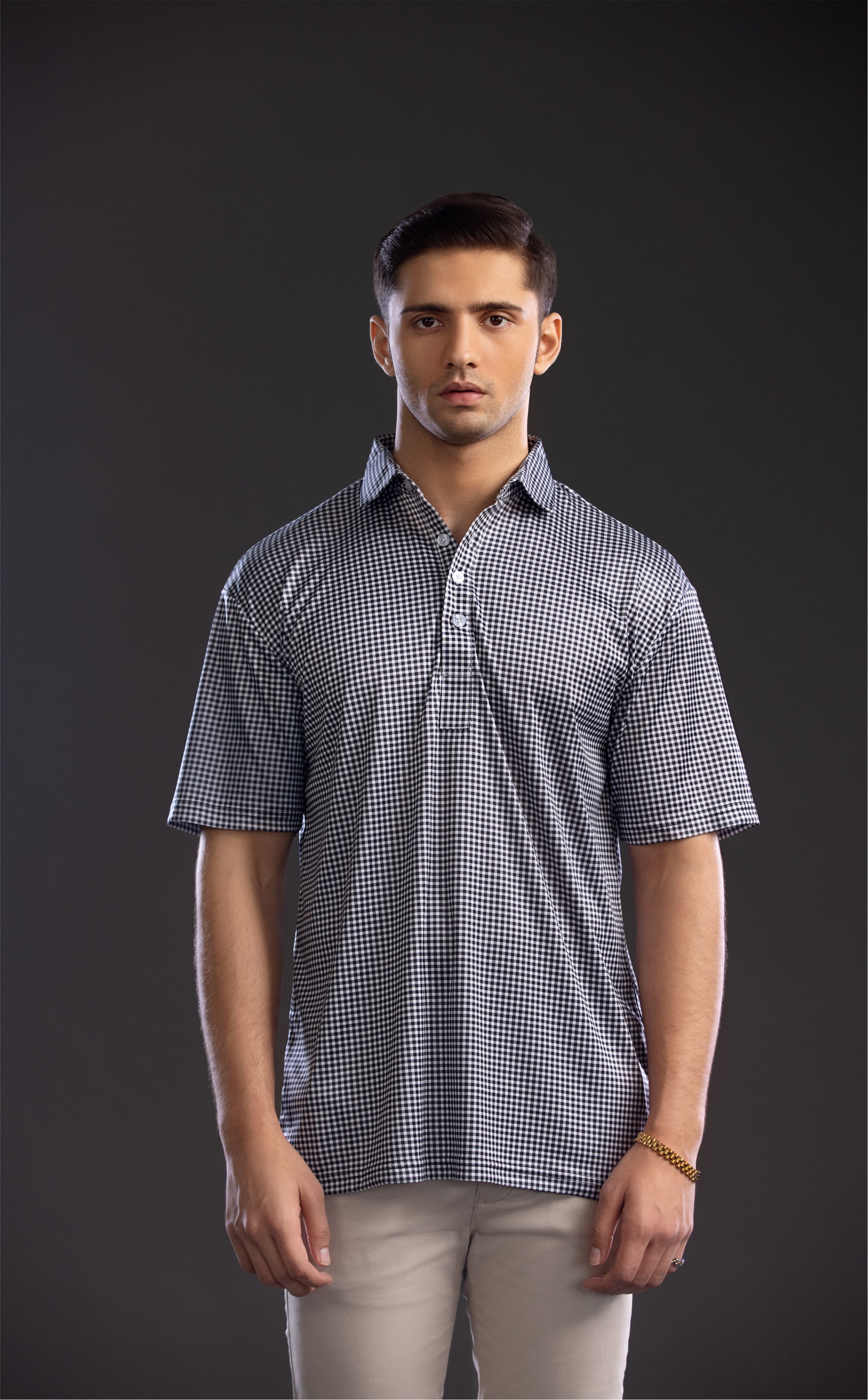 Dressy Polo Semi-Spread Collar Black Gingham