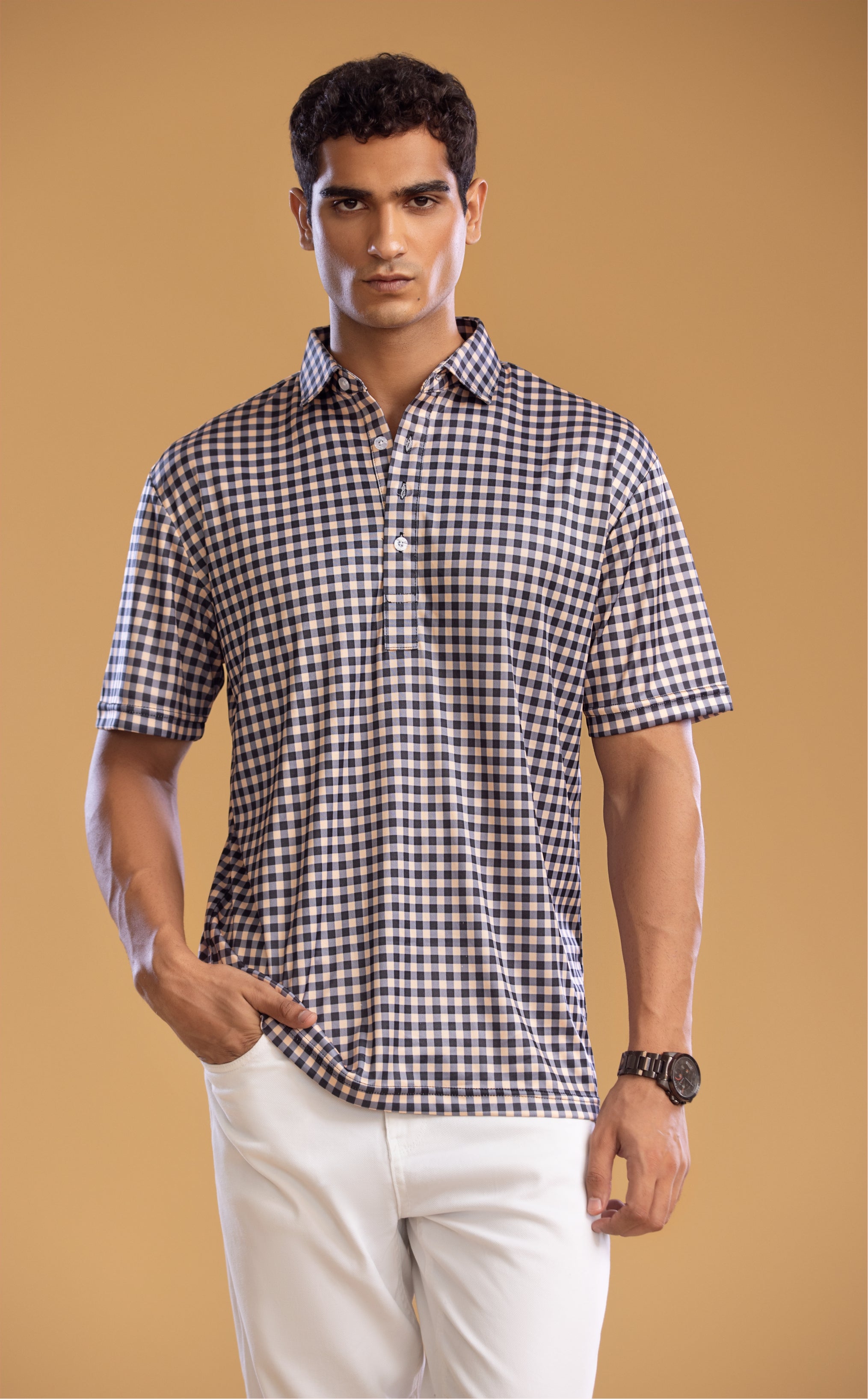 Dressy Polo Semi-Spread Collar Black and Brown Gingham