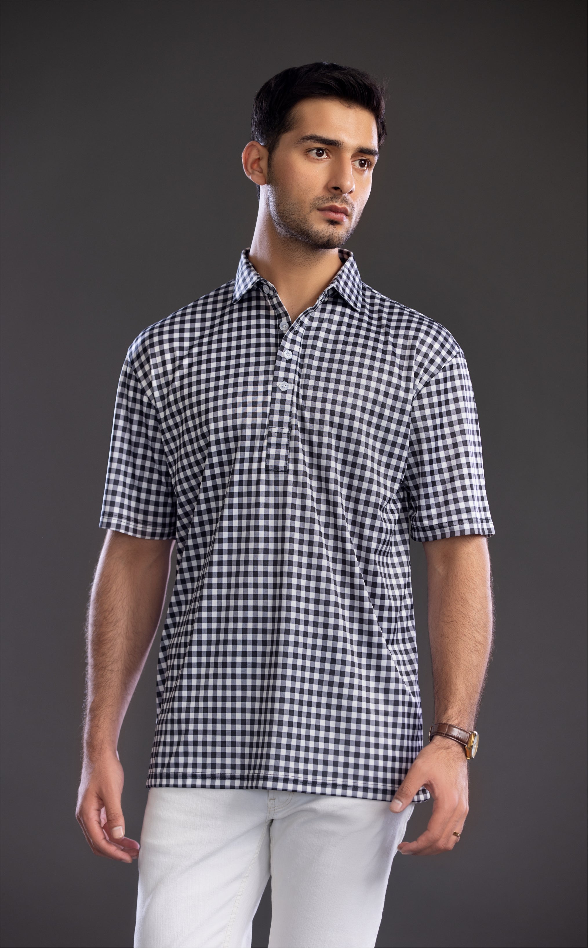 Dressy Polo Semi-Spread Collar Black and White Gingham