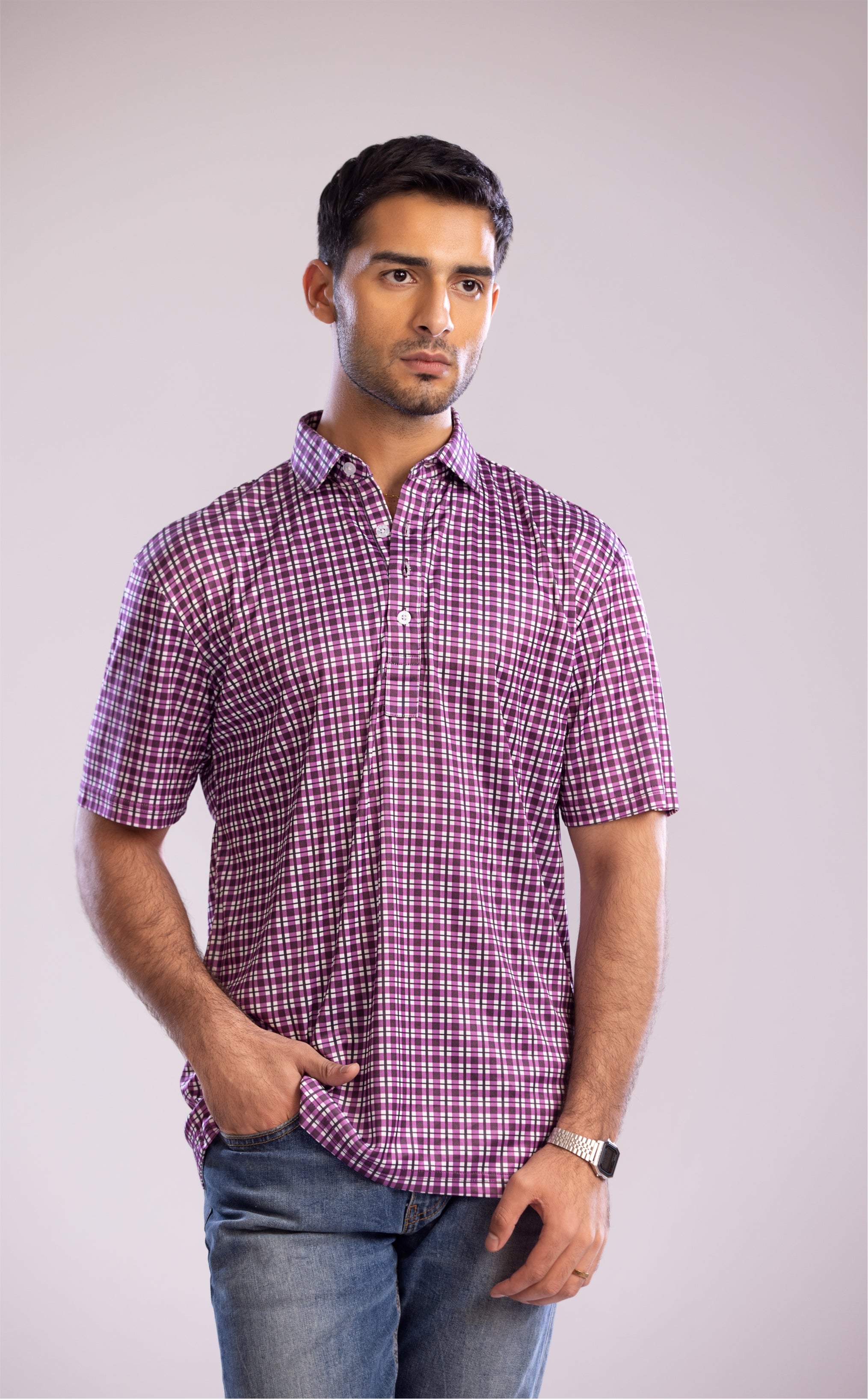 Dressy Polo Semi-Spread Collar Shaded Purple Tattersall