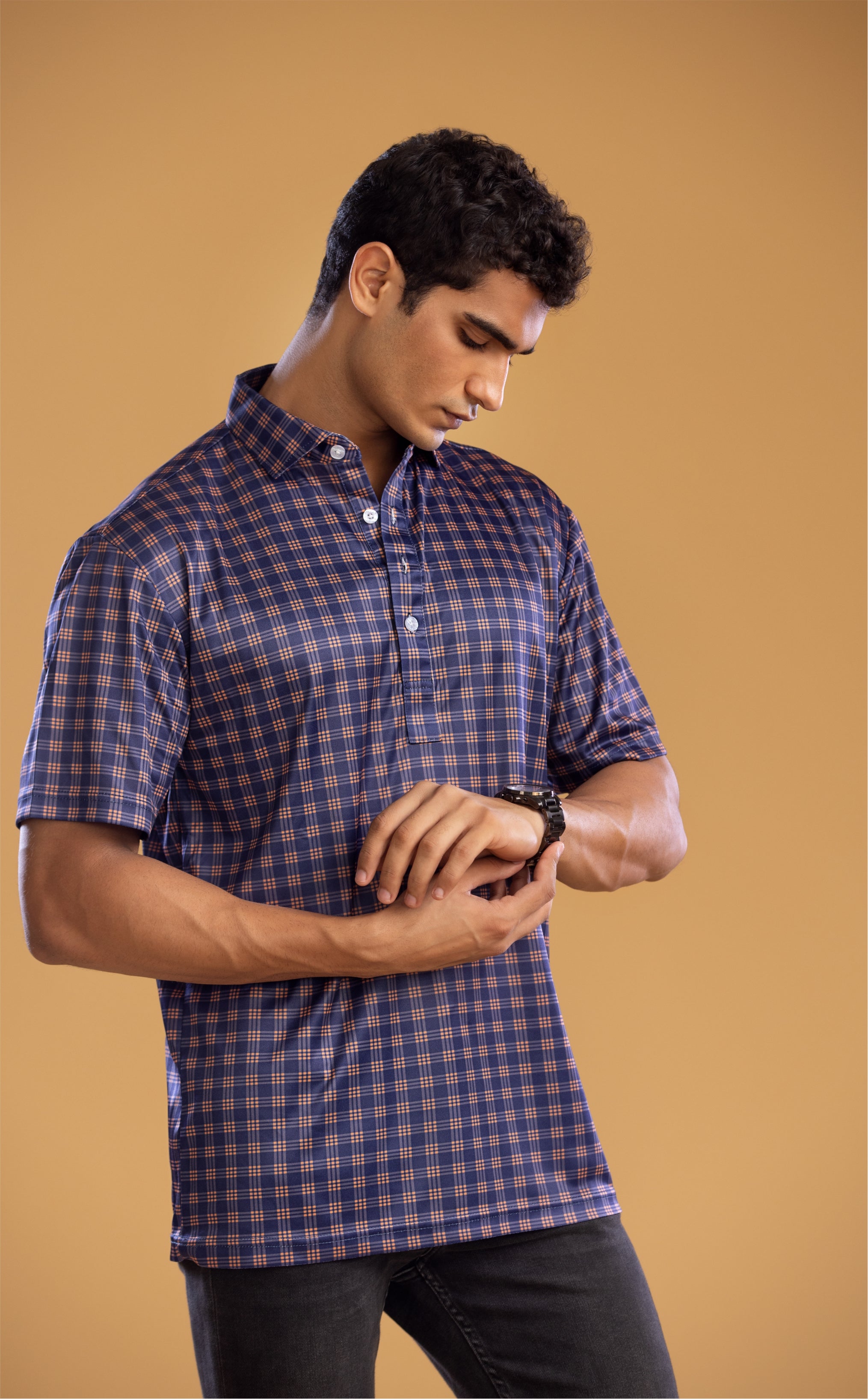 Dressy Polo Bright Navy and Orange 3 Stripe Grid