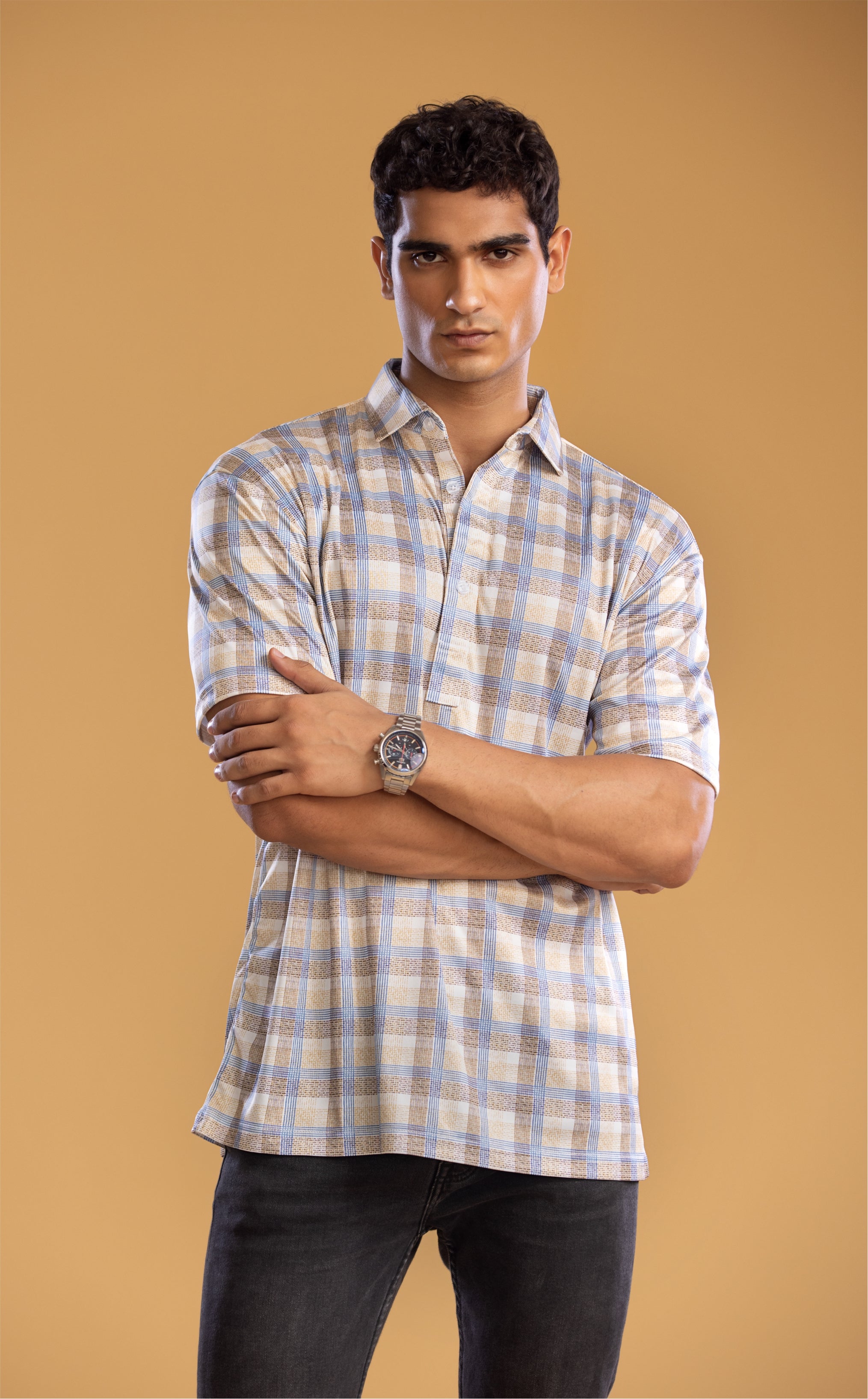 Dressy Polo Brown with Blue Stripe Grid shirt