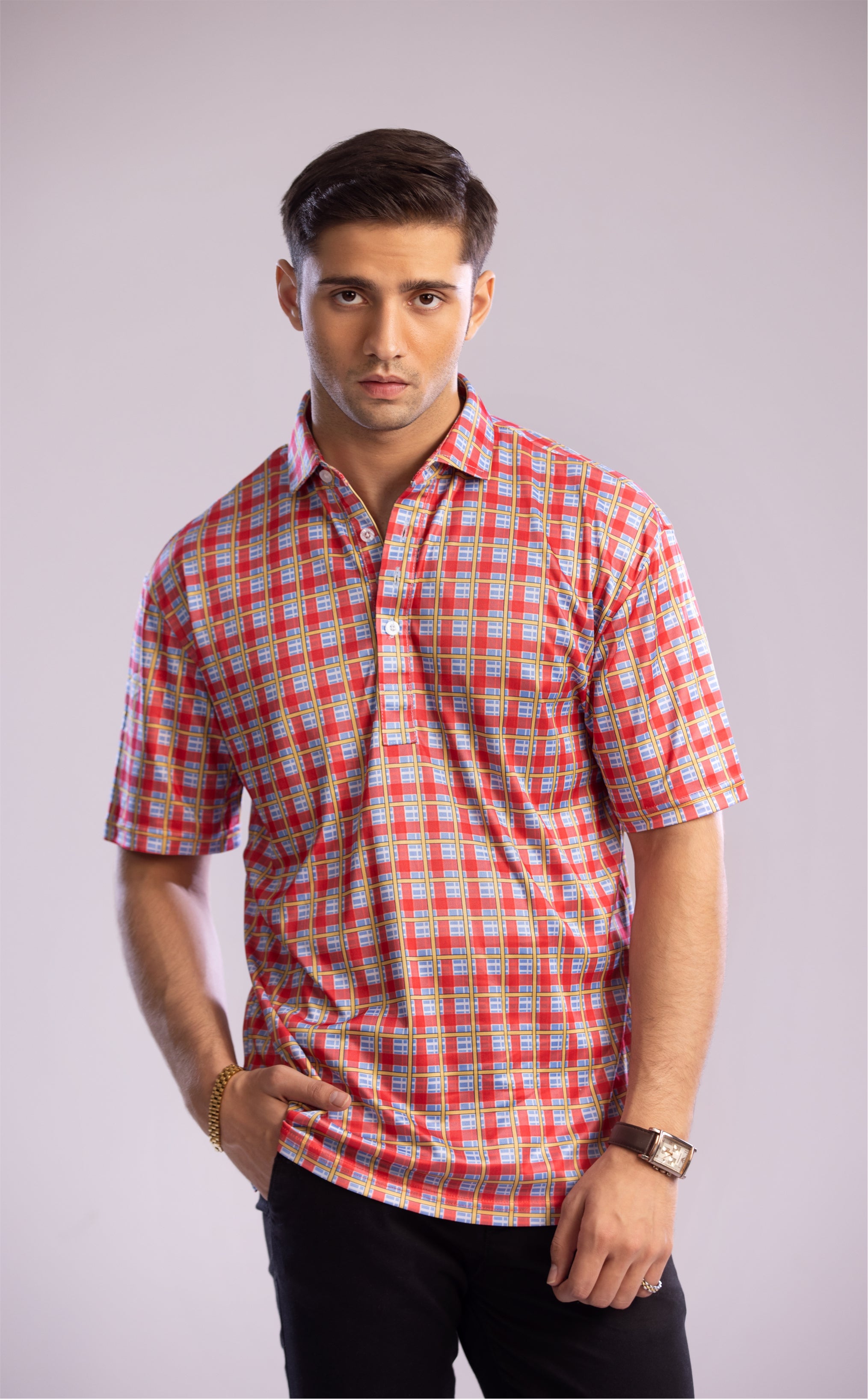 Dressy Polo Red and Sky Blue Grid Check