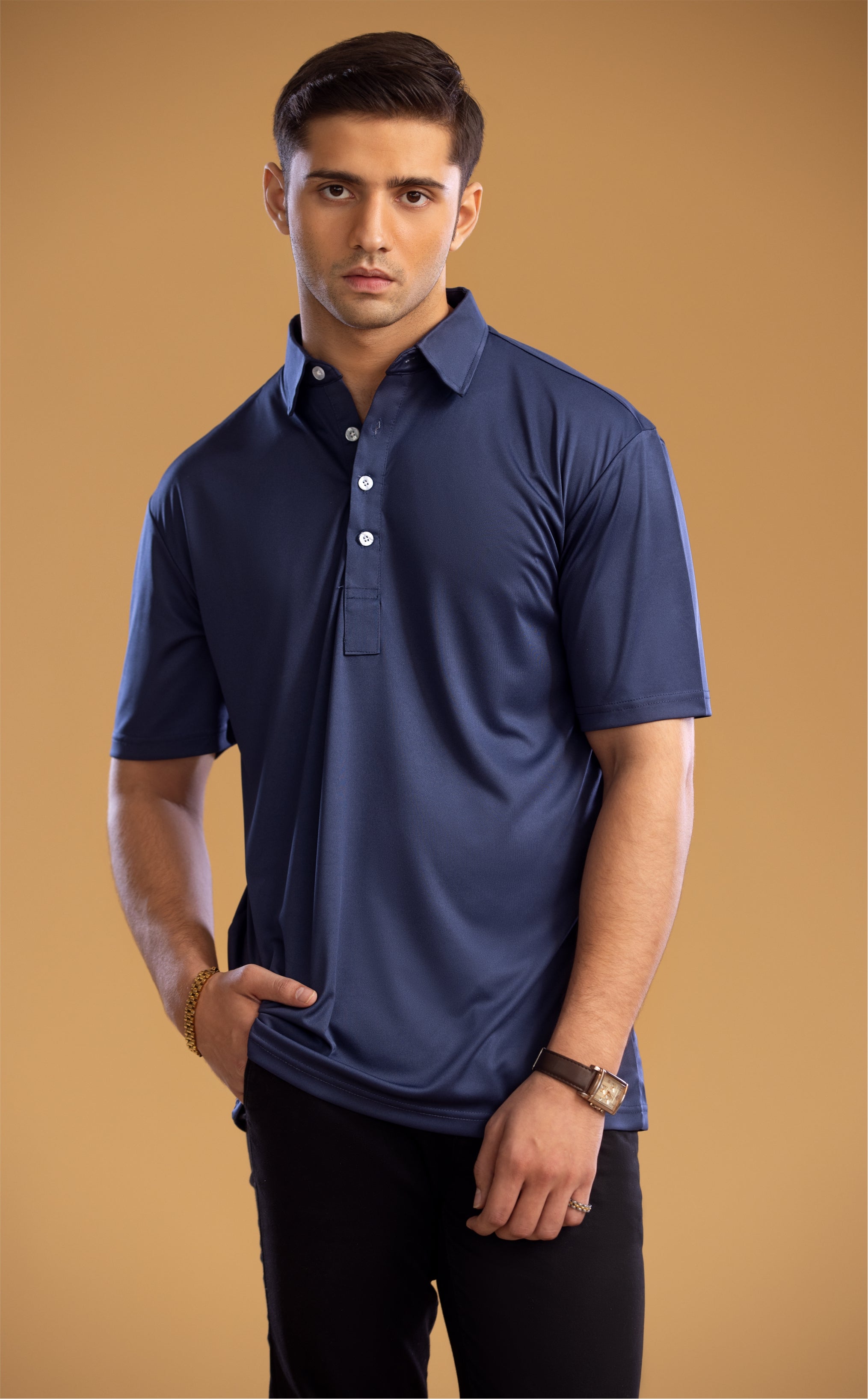 Dressy Polo Oxford Spread Collar Navy Blue