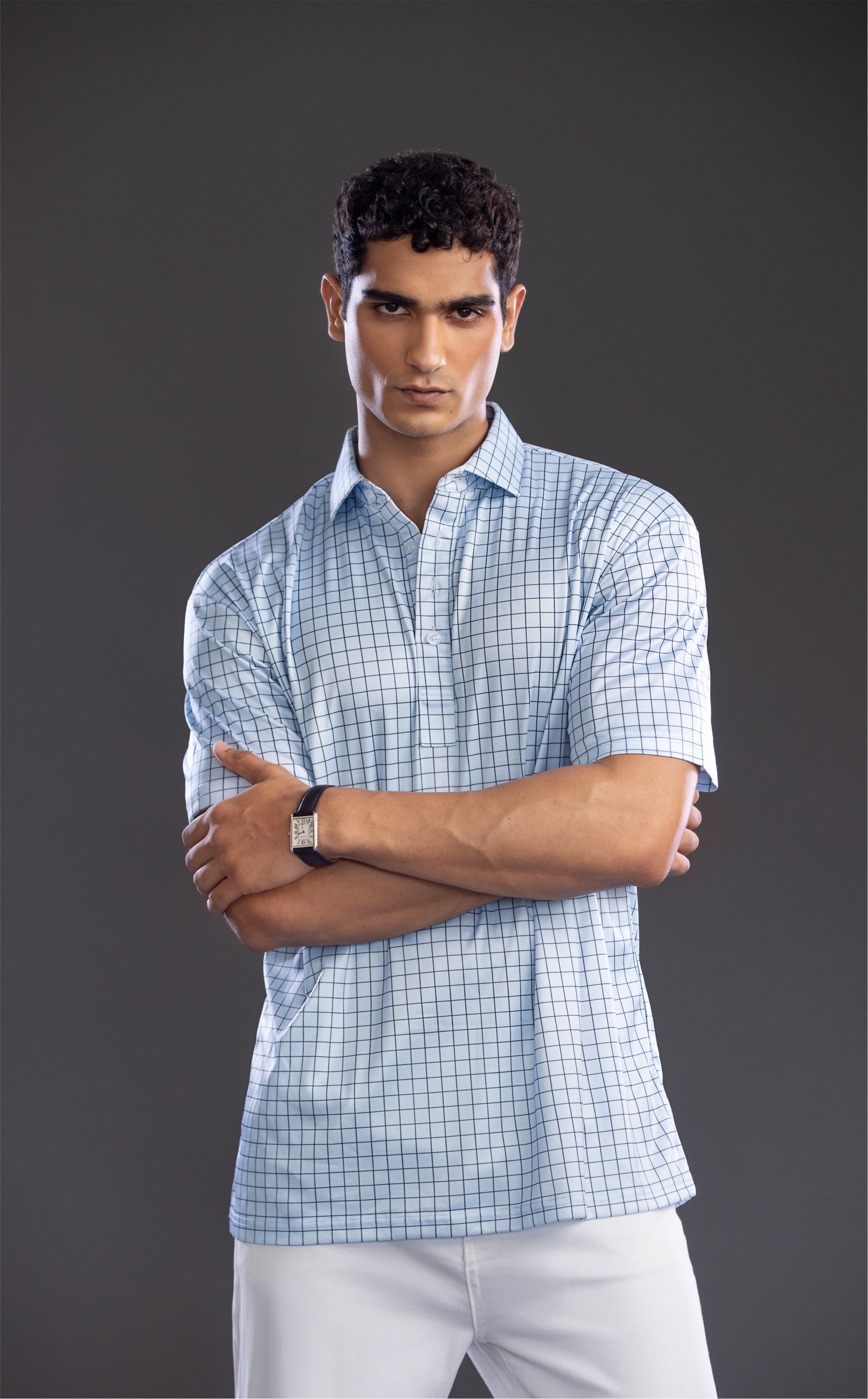 Dressy Polo Semi-Spread Collar Village Blue Check