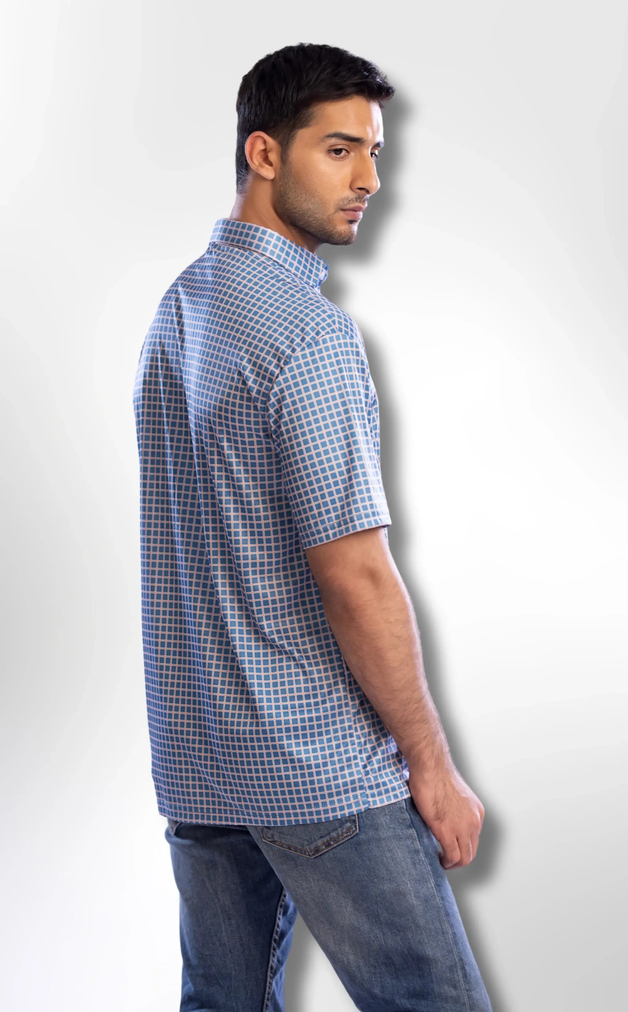 Semi-Spread Collar Blue with White Grid Check