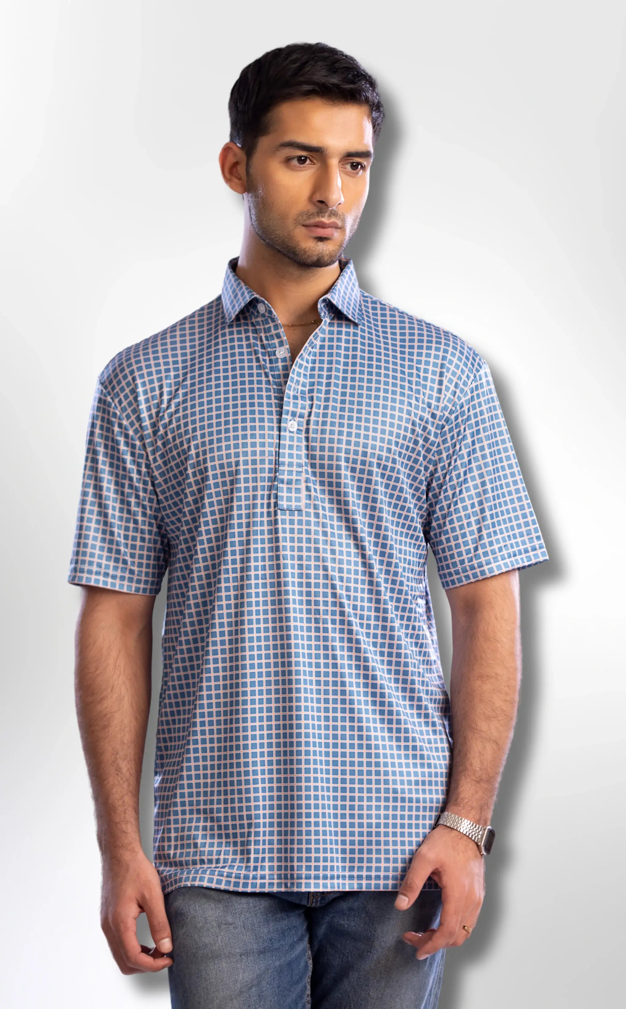 Semi-Spread Collar Blue with White Grid Check