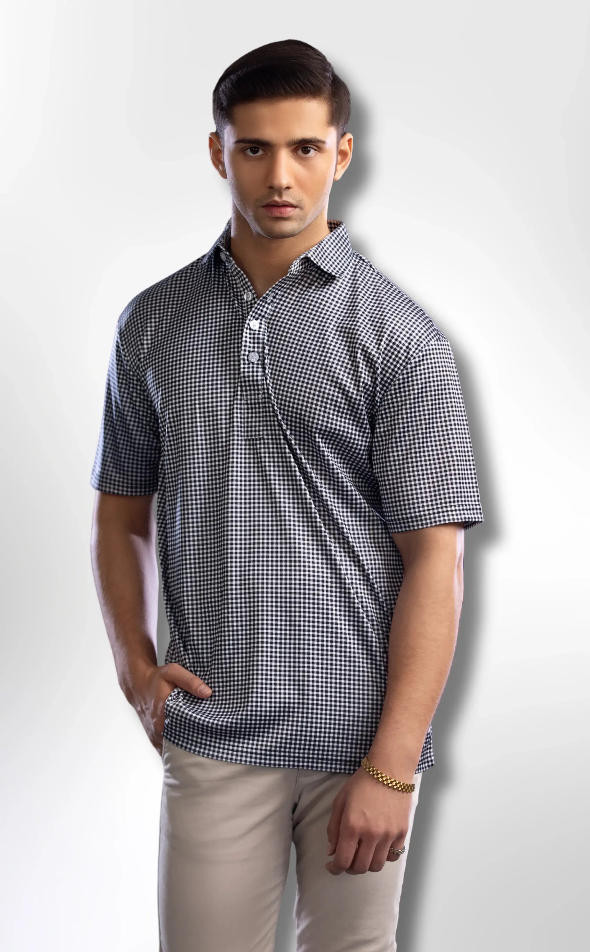 Dressy Polo Semi-Spread Collar Black Gingham