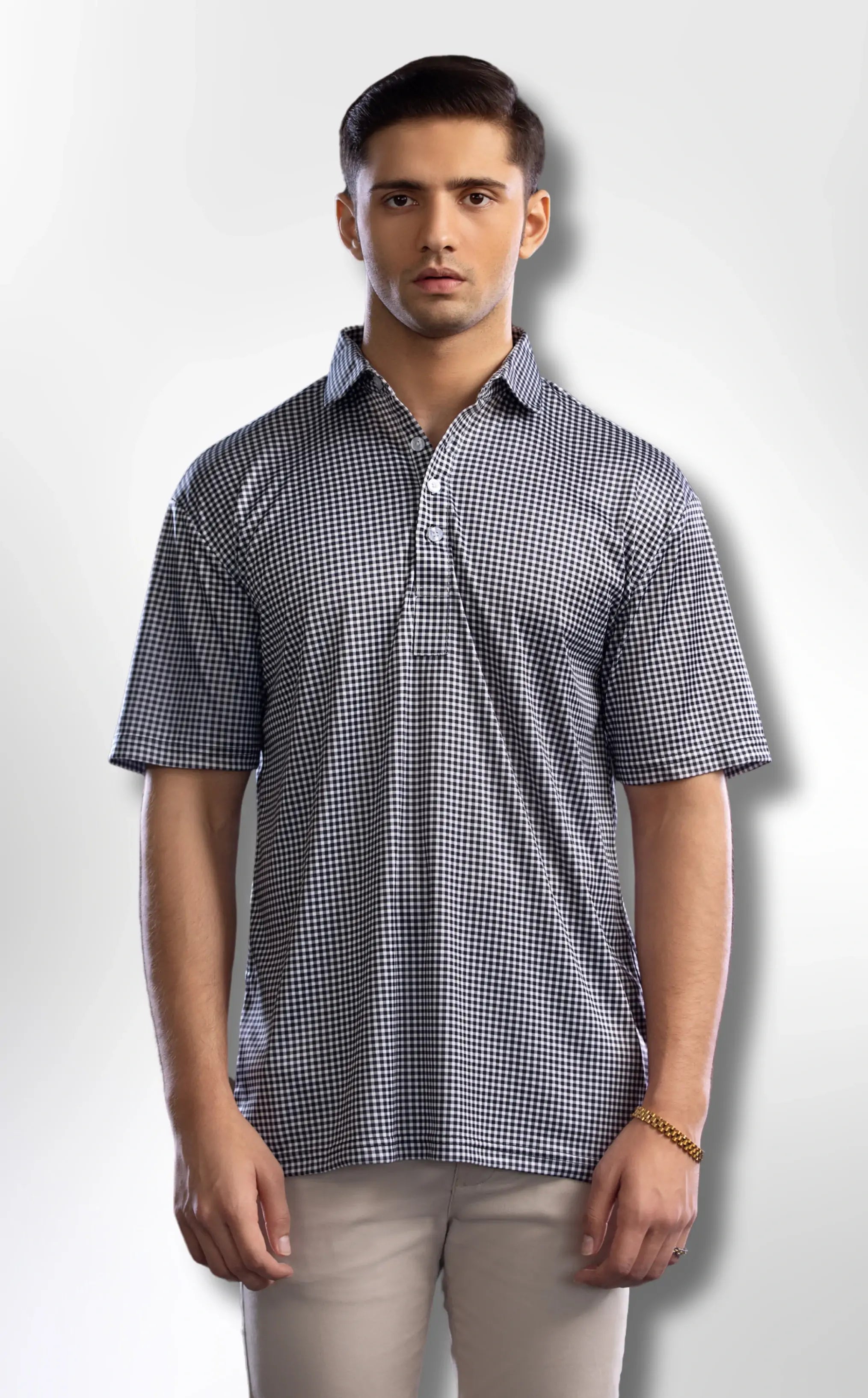 Dressy Polo Semi-Spread Collar Black Gingham