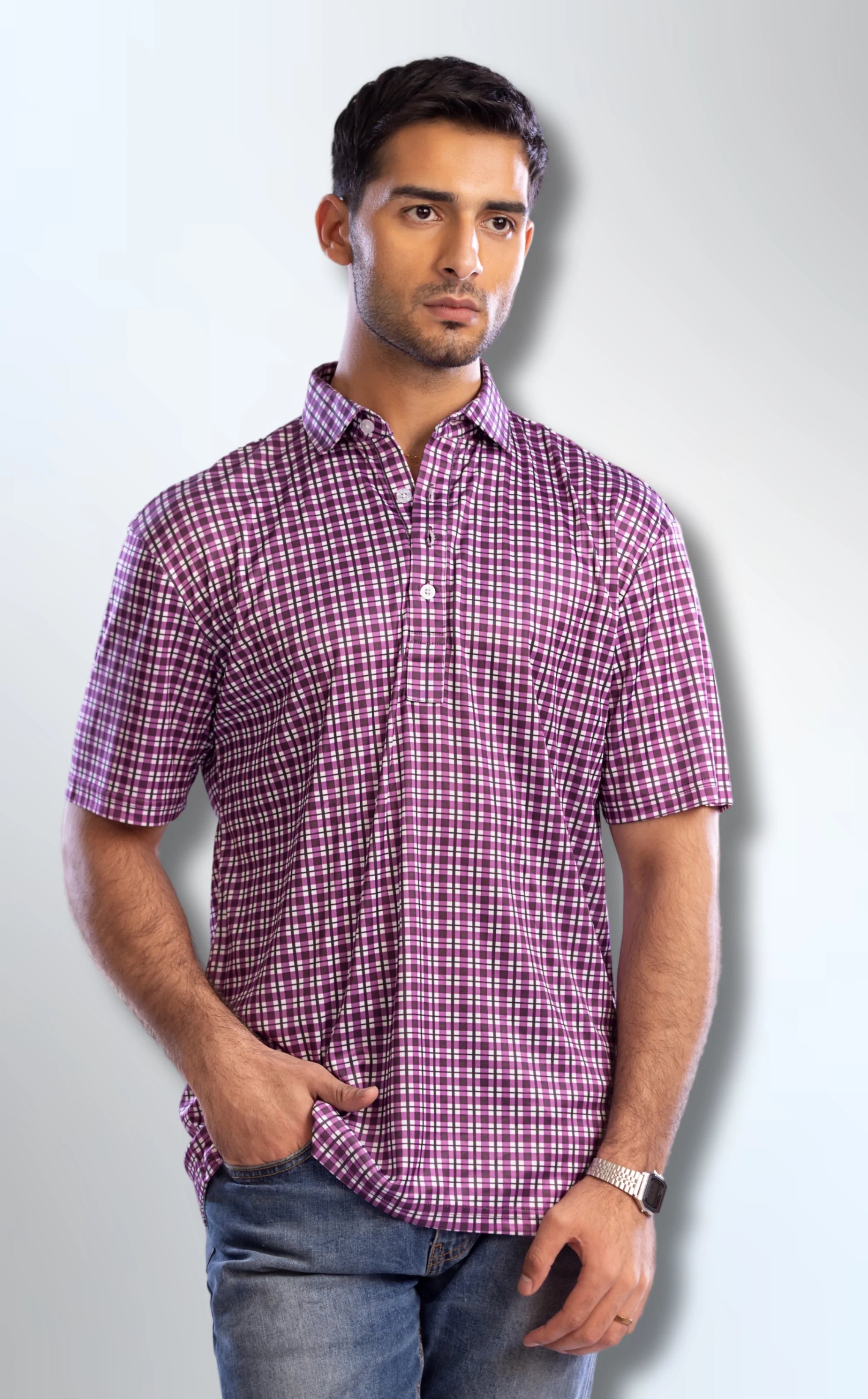 Semi-Spread Collar Shaded Purple Tattersall