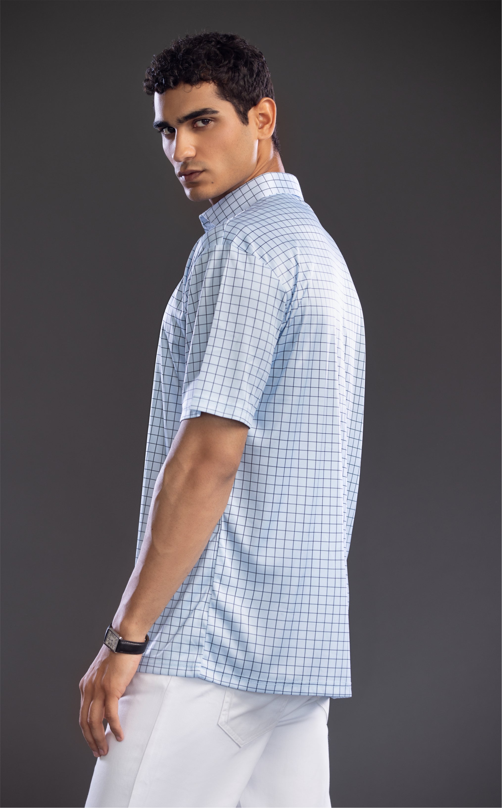 Dressy Polo Semi-Spread Collar Village Blue Check