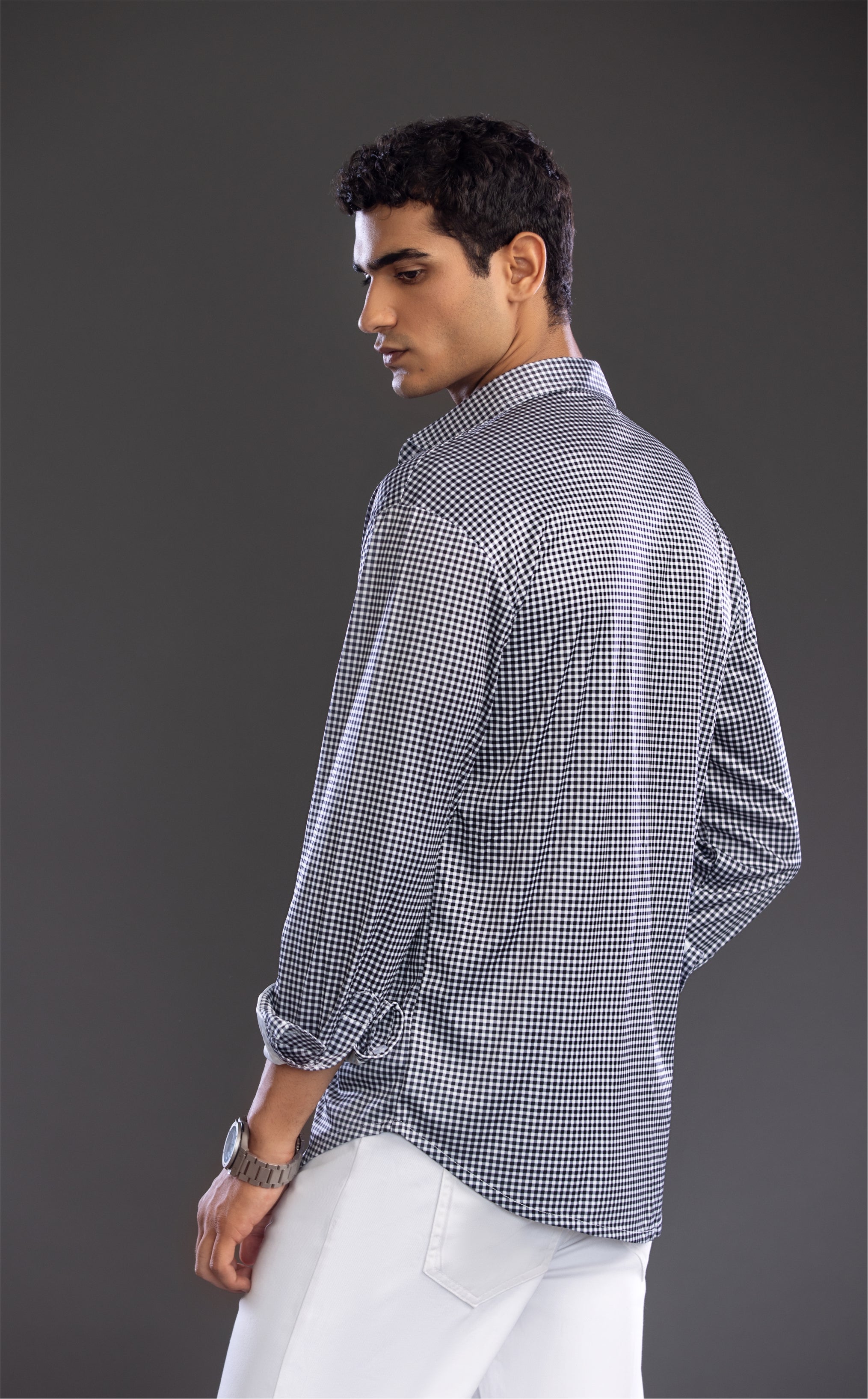 Dressy Shirt Semi-Spread Collar Black Gingham