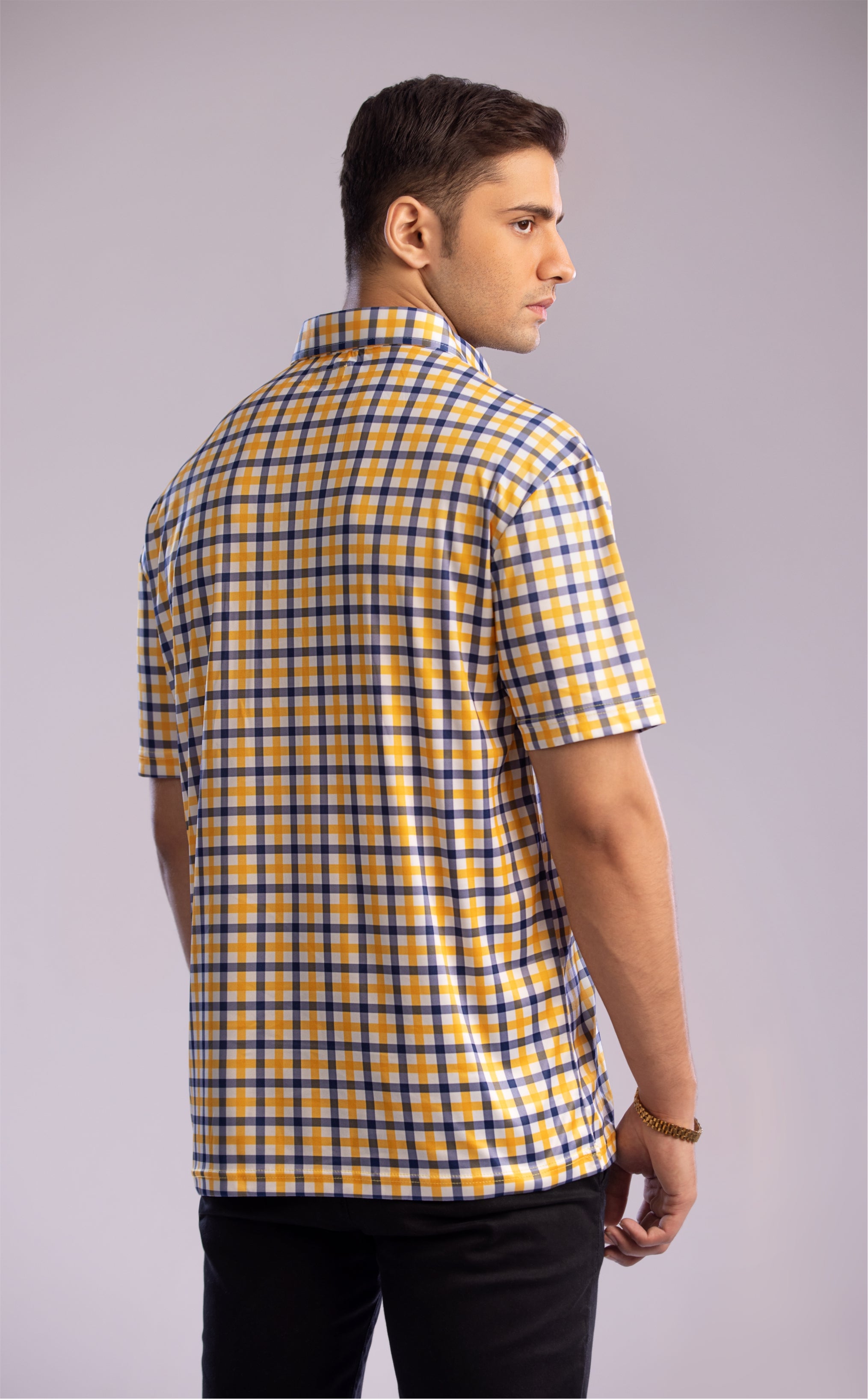 Semi-Spread Collar Yellow with Blue Grid Check