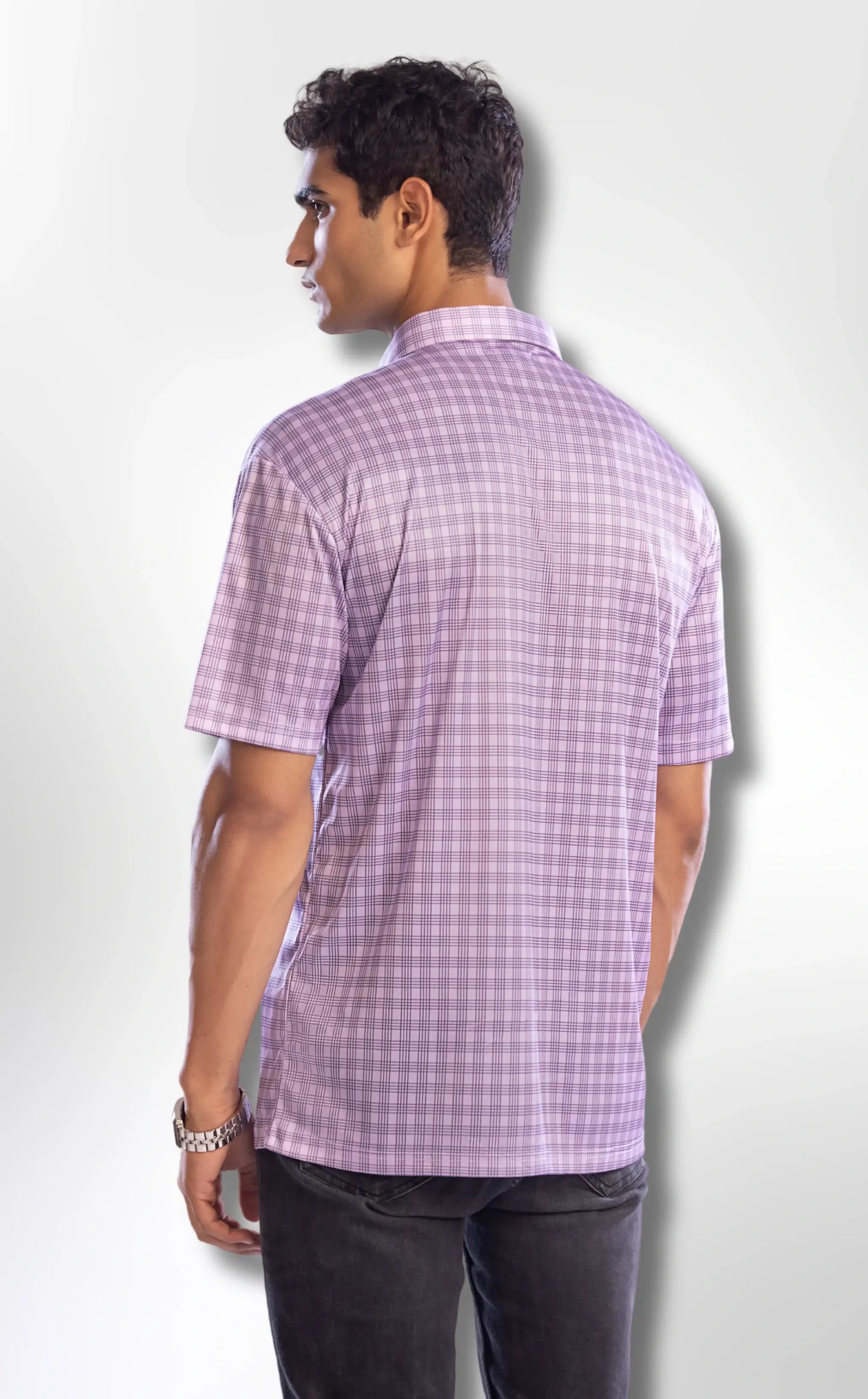 Semi-Spread Collar Lavender and Blue Three Stripe Grid