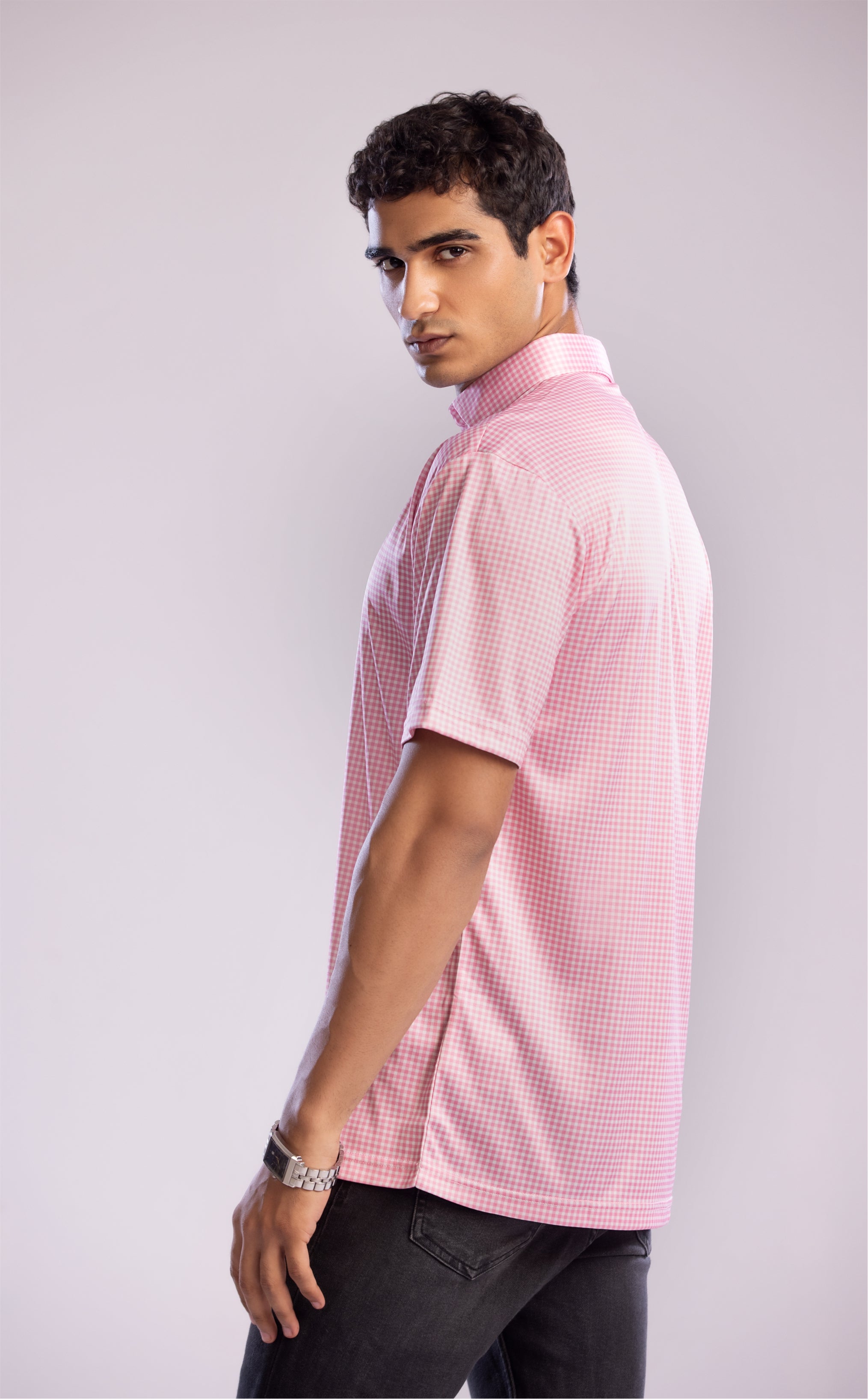 Dressy Polo Semi-Spread Collar Pink Gingham