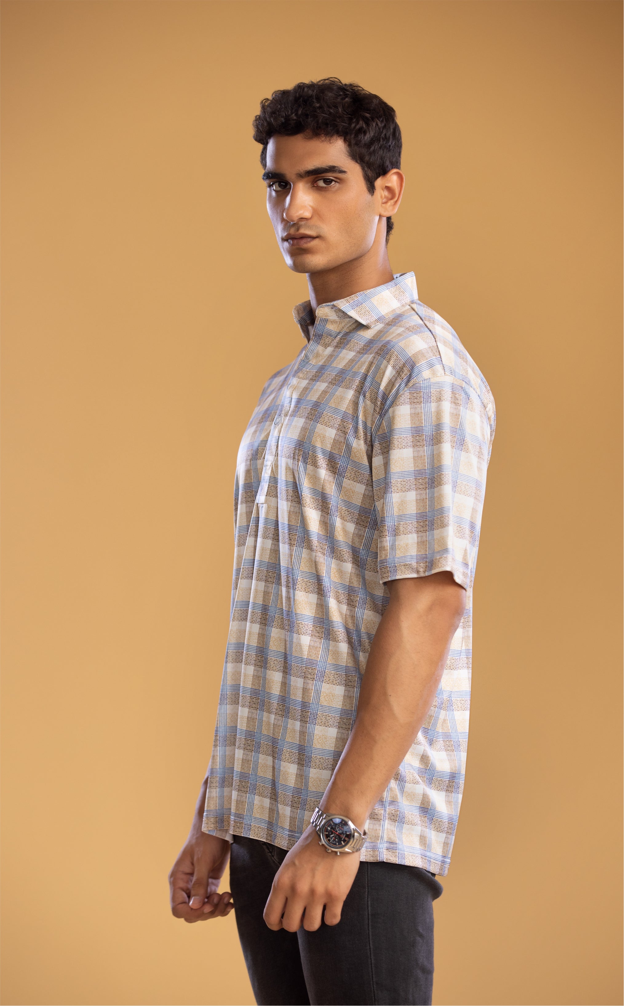 Dressy Polo Brown with Blue Stripe Grid shirt