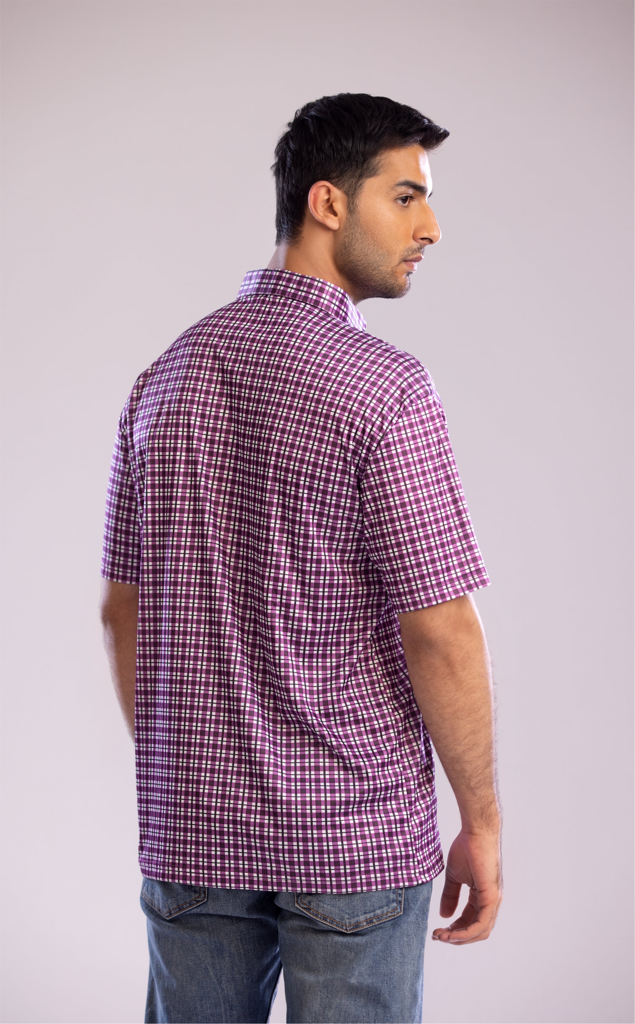 Dressy Polo Semi-Spread Collar Shaded Purple Tattersall