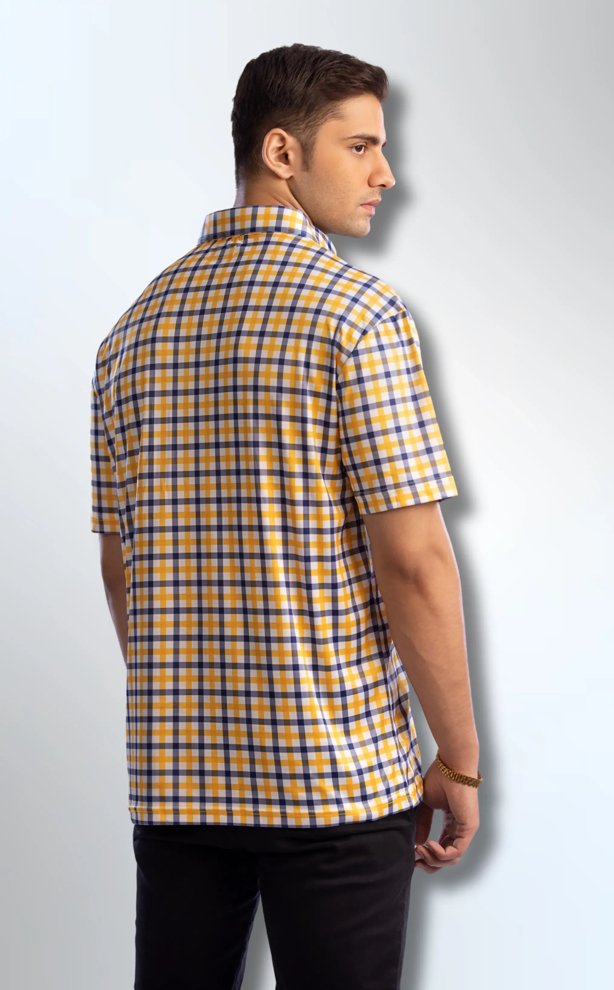 Semi-Spread Collar Yellow with Blue Grid Check