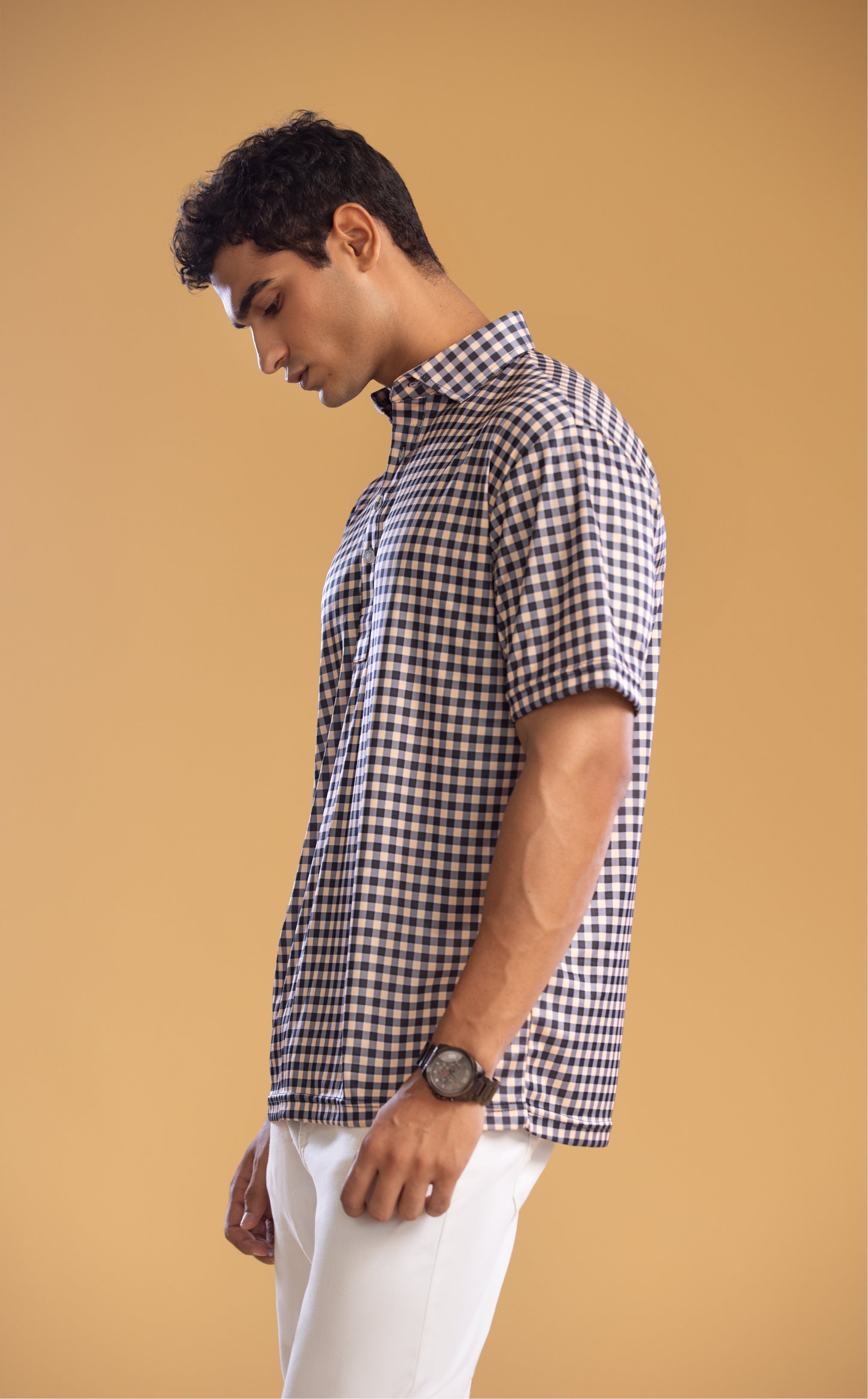 Dressy Polo Semi-Spread Collar Black and Brown Gingham