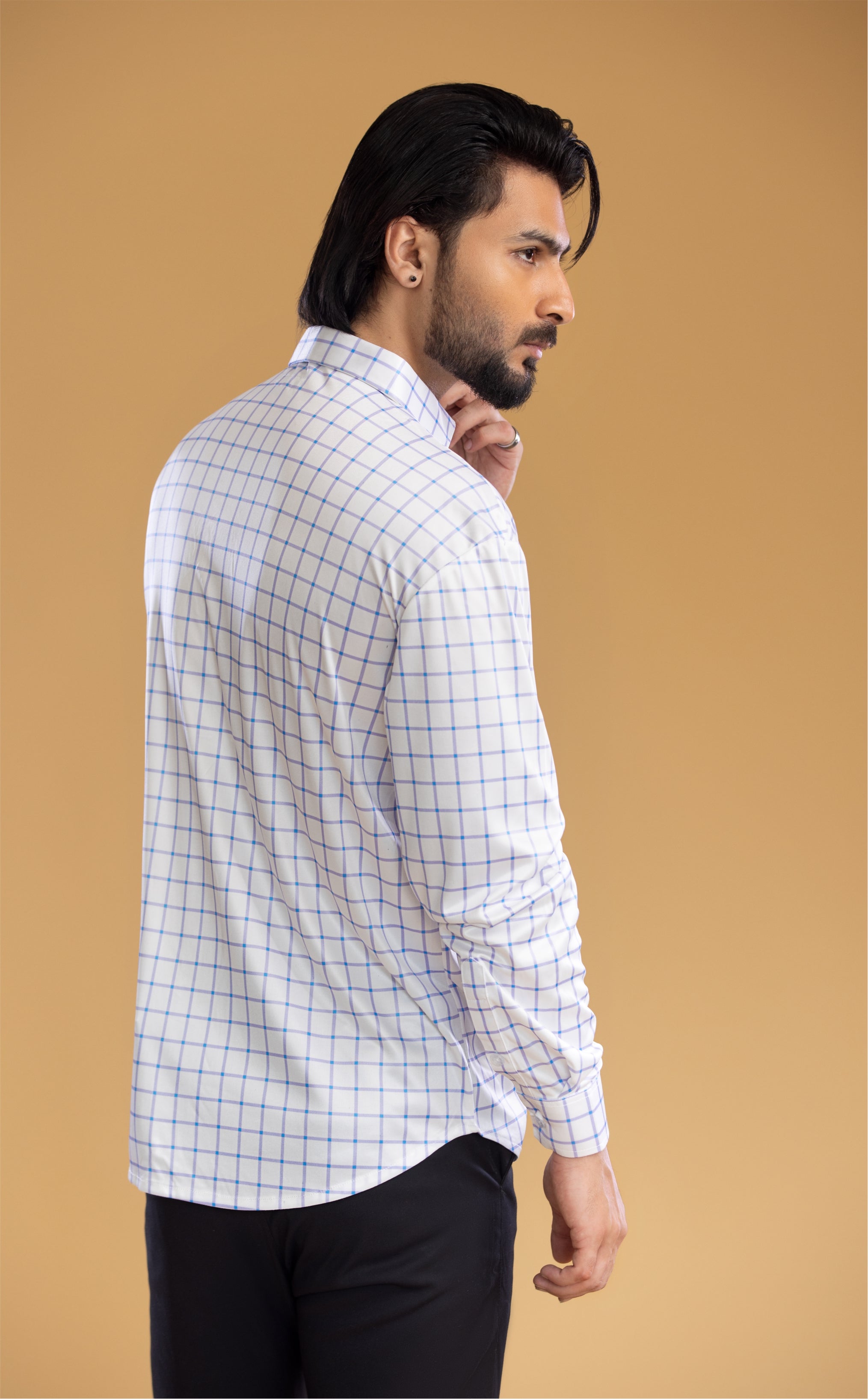 Dressy Shirt Semi-Spread Collar Bold Blue Grid Check