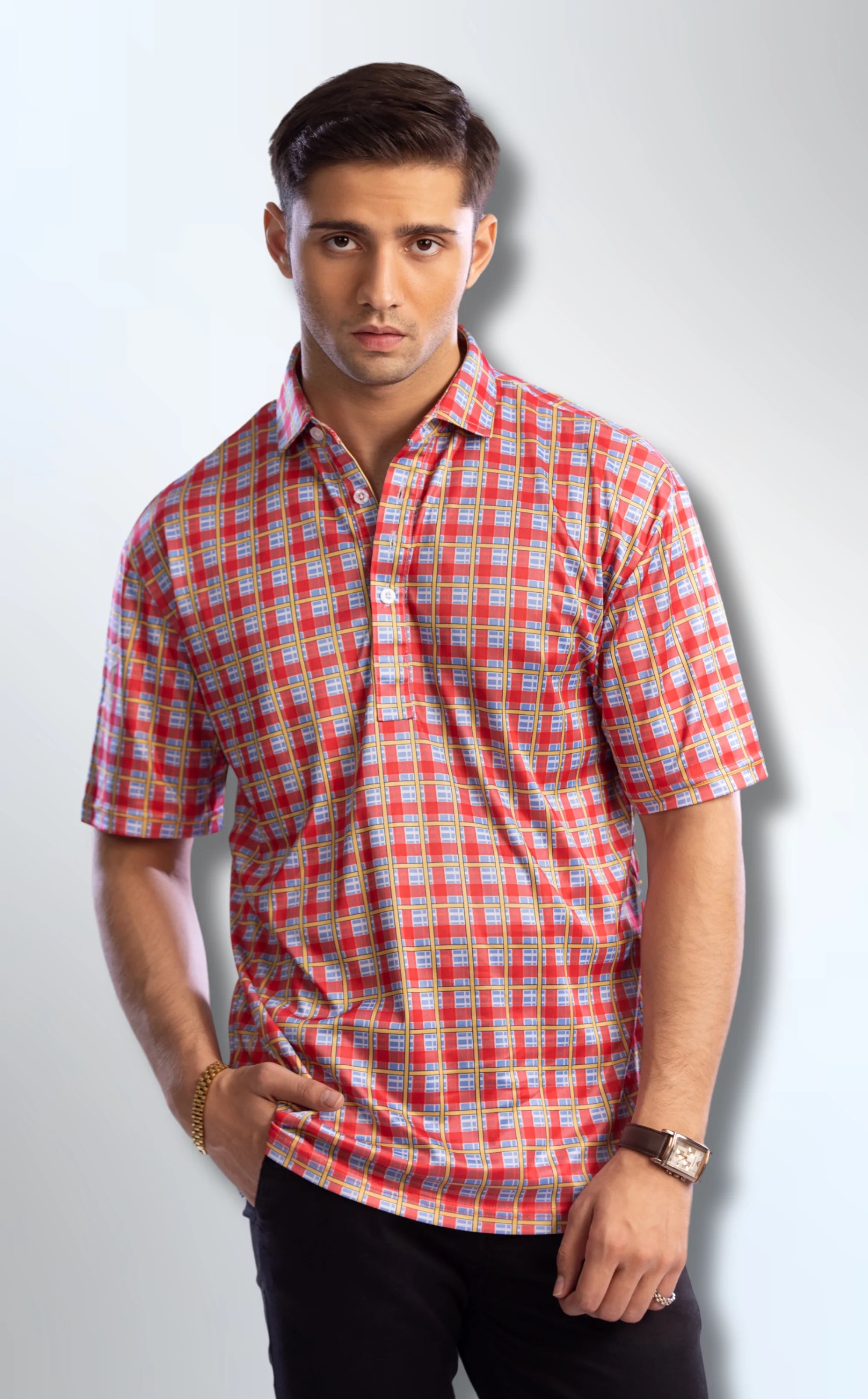 Dressy Polo Semi-Spread Collar Red and Sky Blue Grid Check